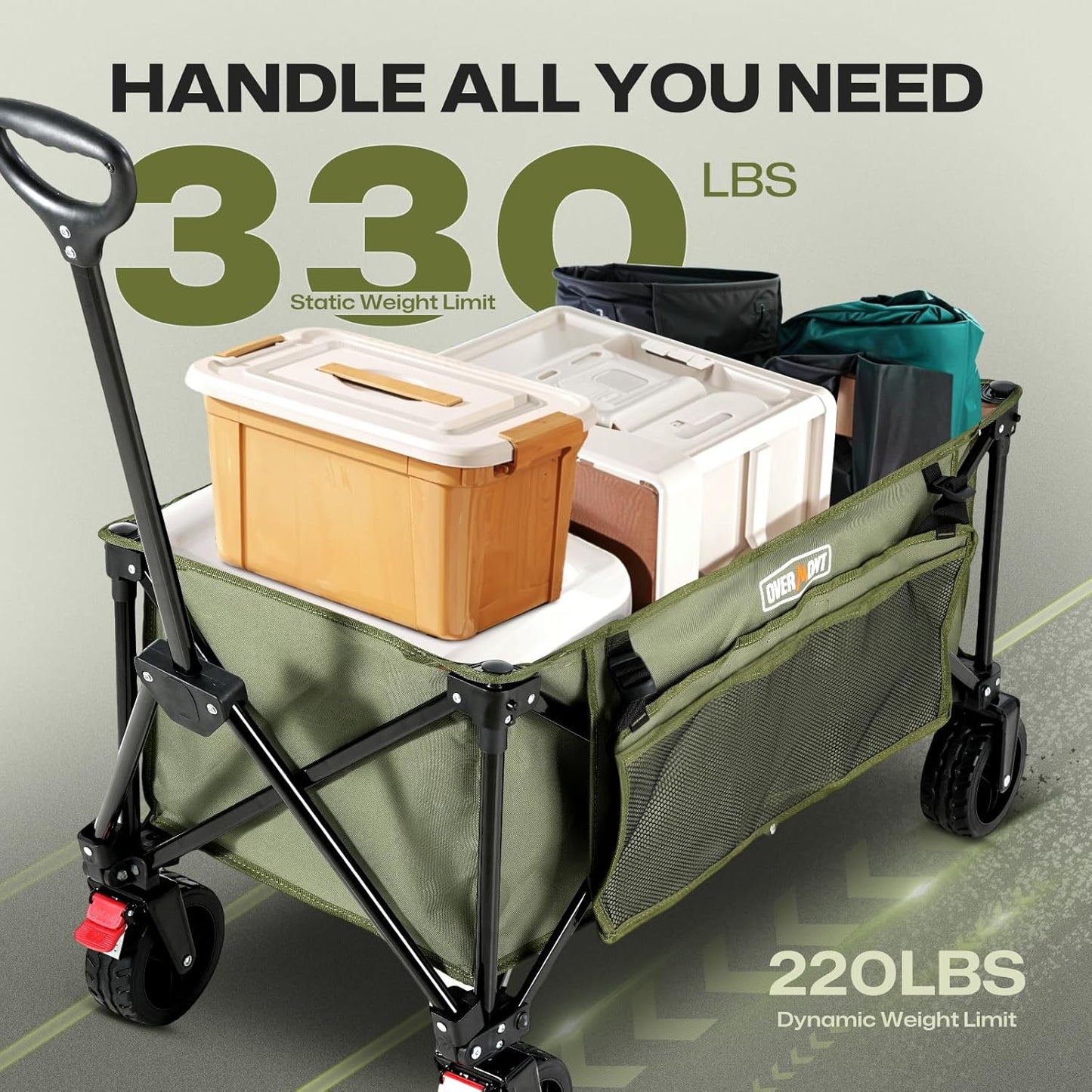 Overmont Collapsible Wagon Cart with Wheels - 180L Foldable Heavy Duty Wagon with Big All-Terrain Wheels - 330Lbs Weight Capacity with Side Pockets for Camping Sports Garden Grocery Shopping Green