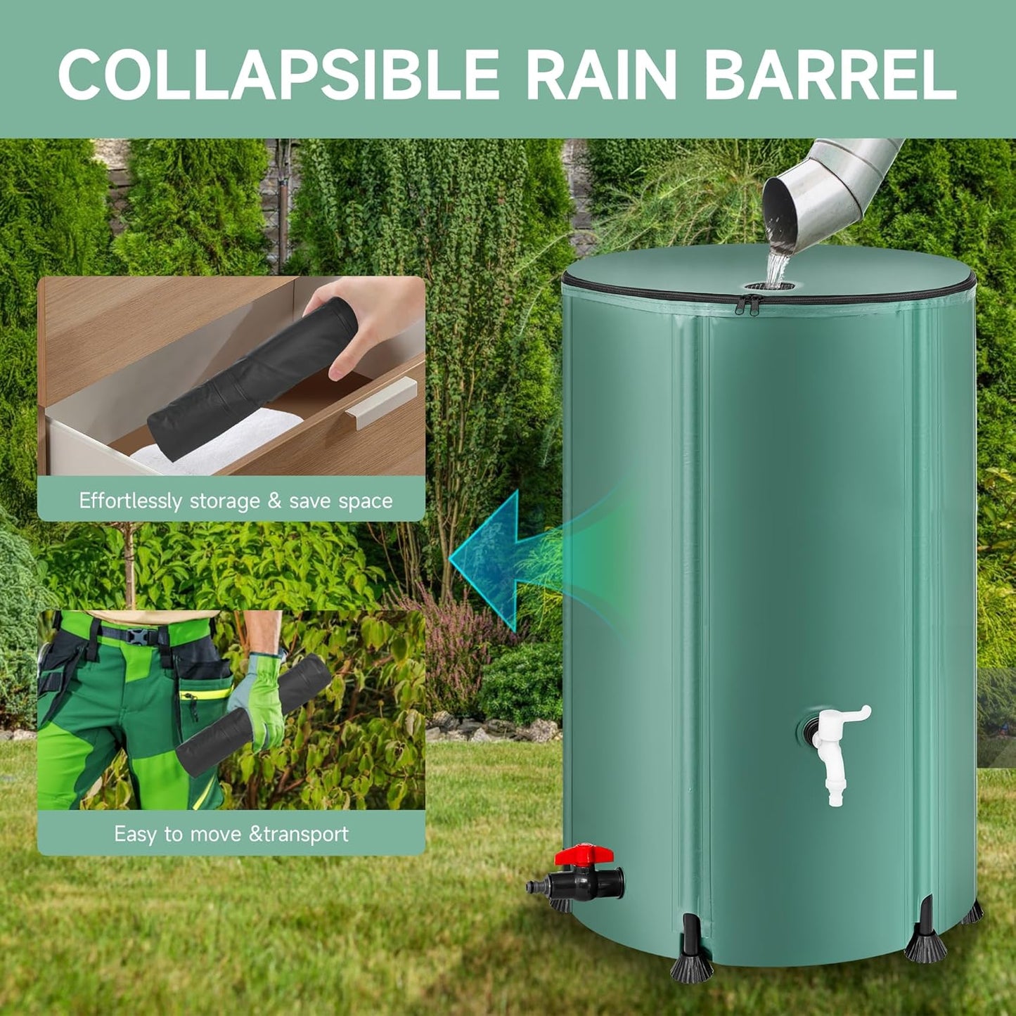 Collapsible Rain Barrel Water Storage Containers-100 Gallon Portable Rainwater Collect System Water Tank to Collect Rainwater from Gutter Downspout Water Catcher with Spigots,Filter＆Overflow Kits