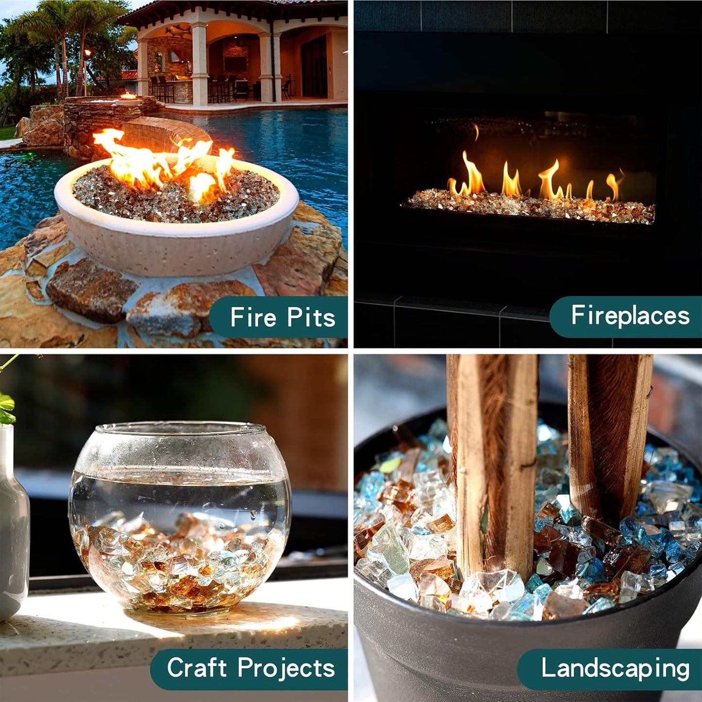Mr. Fireglass 10 Pounds Blended Reflective Fire Glass for Fire Pit Fireplace and Landscaping, 1/2 Inch Mixed Colored High Luster Fireglass Rocks for Outdoor ＆ Indoor Use Aqua Blue+Copper+Platinum