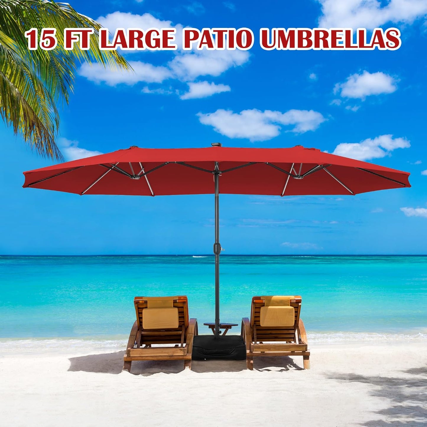Sundale Outdoor Solar 144 LED 15 ft Patio Umbrella with Sandbag Base Included and Cover, Outdoor Double-Sided Umbrella, Red