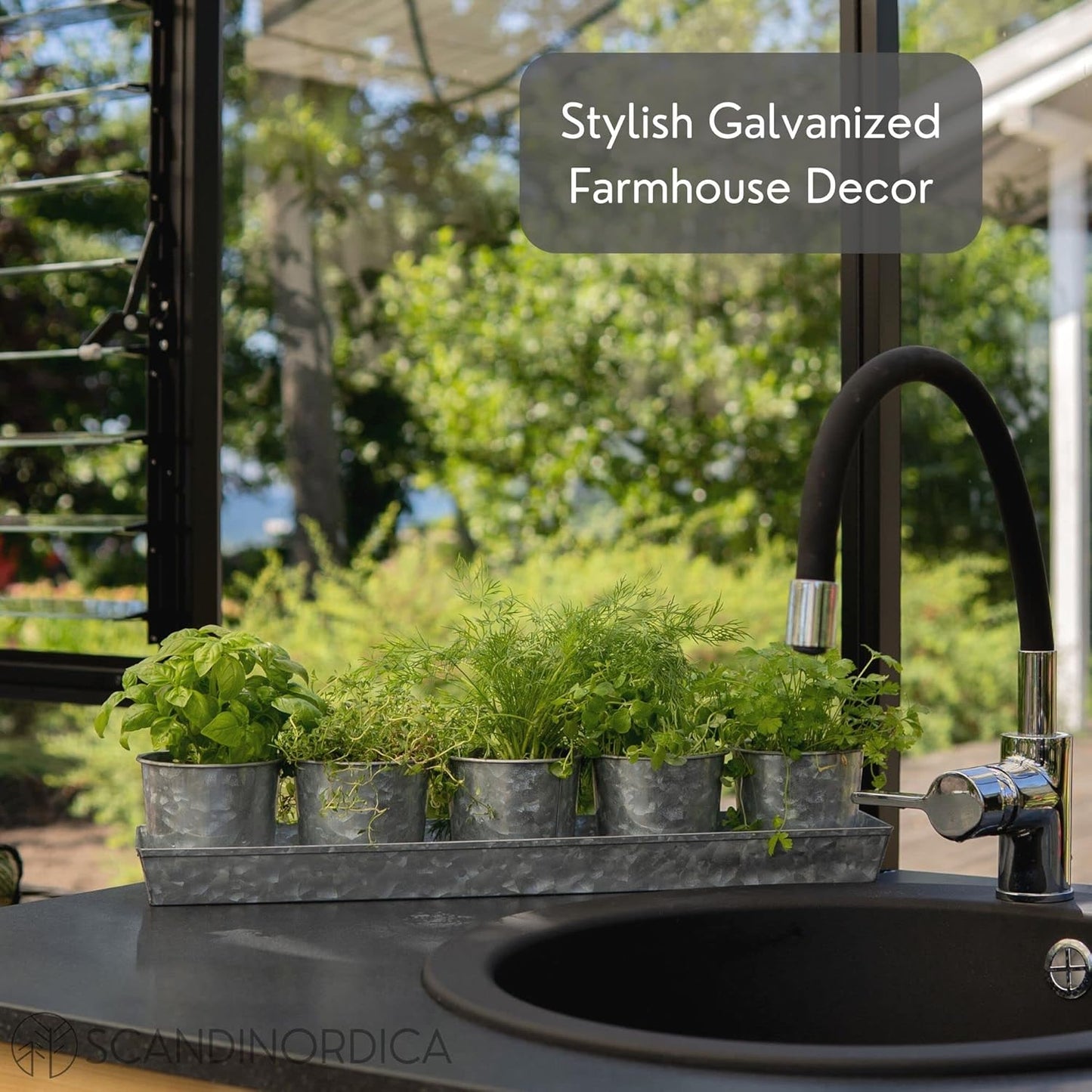 SCANDINORDICA Galvanized Metal Herb Planter, 5 Pots with Drainage Holes, Indoor Outdoor Use, Farmhouse Decor, 19.5x3.9x3.5 inches