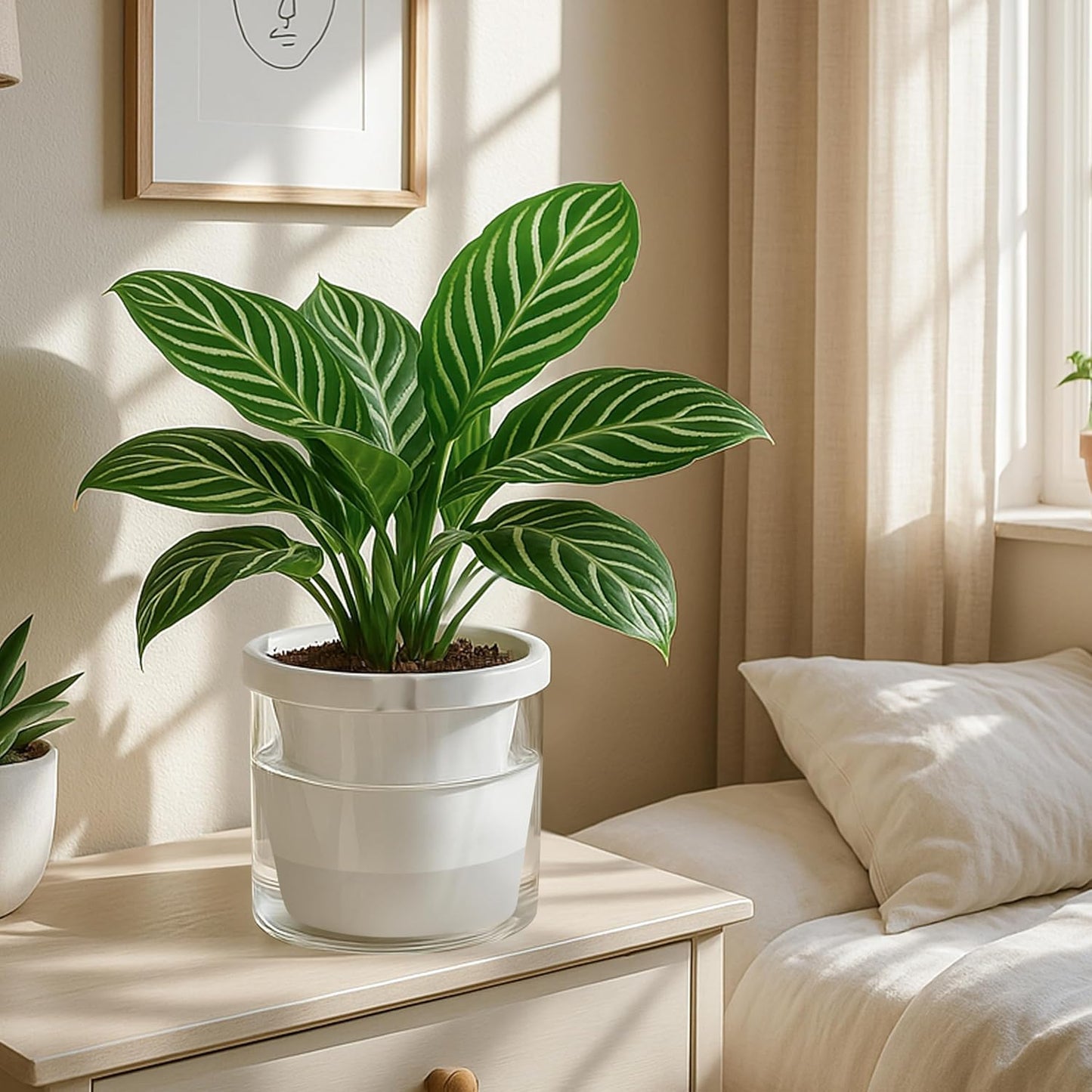 D'vine Dev 8 Inch Design Self Watering Planter for Indoor Plants, White Terracotta Pots with Cylinder Glass Cup, 37-X-C-2