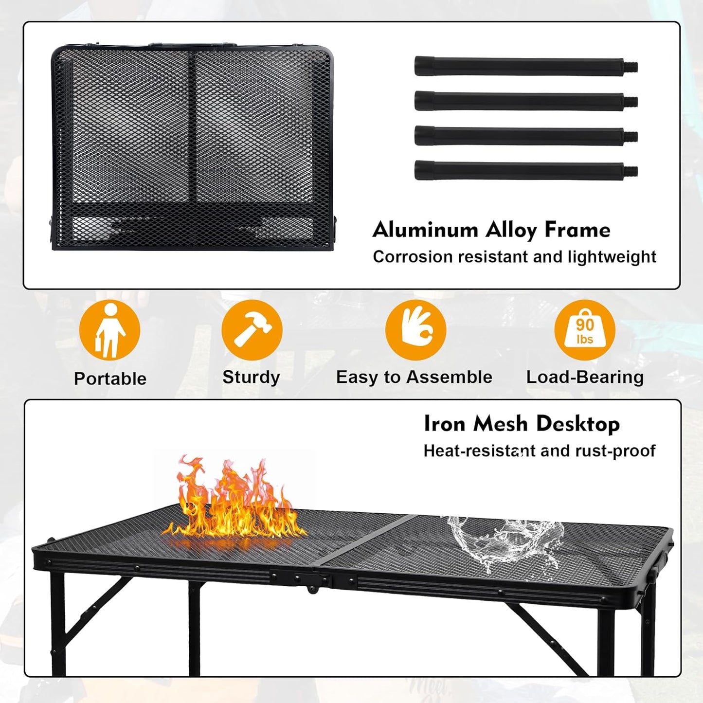 Camping Table with Mesh Desktop, Lightweight & Portable Folding Grill Table, Height Adjustable Metal Outdoor Table for Camp, Cooking, BBQ, RV, Picnic-3 FT Black