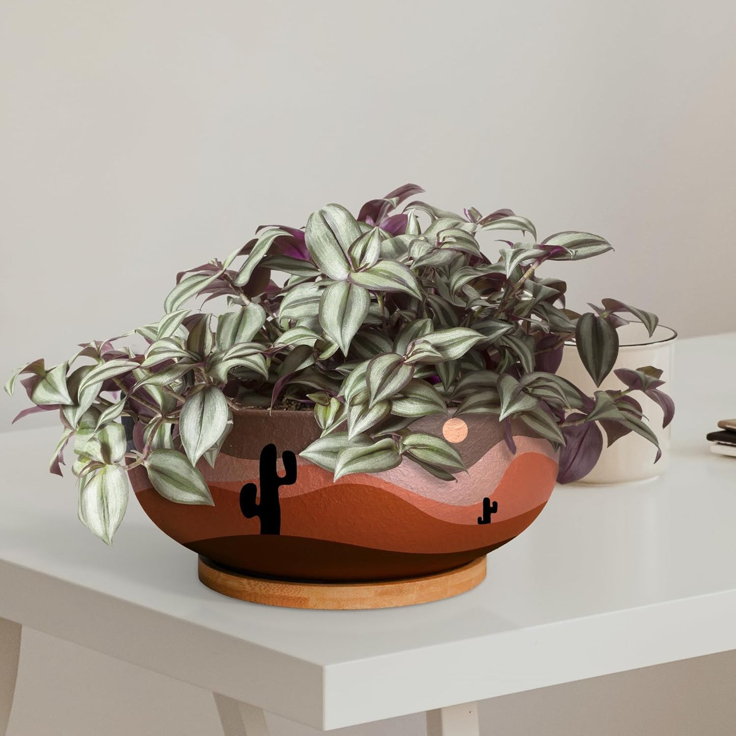 SQOWL 10 Inch Large Terracotta Planter Pot,Clay Succulent Bonsai Planter with Drainage Hole and Bamboo Saucer for Indoor Plants