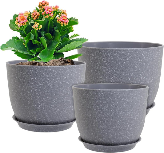 Flower Pots 9/8/7.5inch, Set of 3 Modern Decorative Plastic Planters with Drainage Holes and Saucers for Garden House Plants, Plant Pots for Indoor Outdoor Plants, Speckled Grey