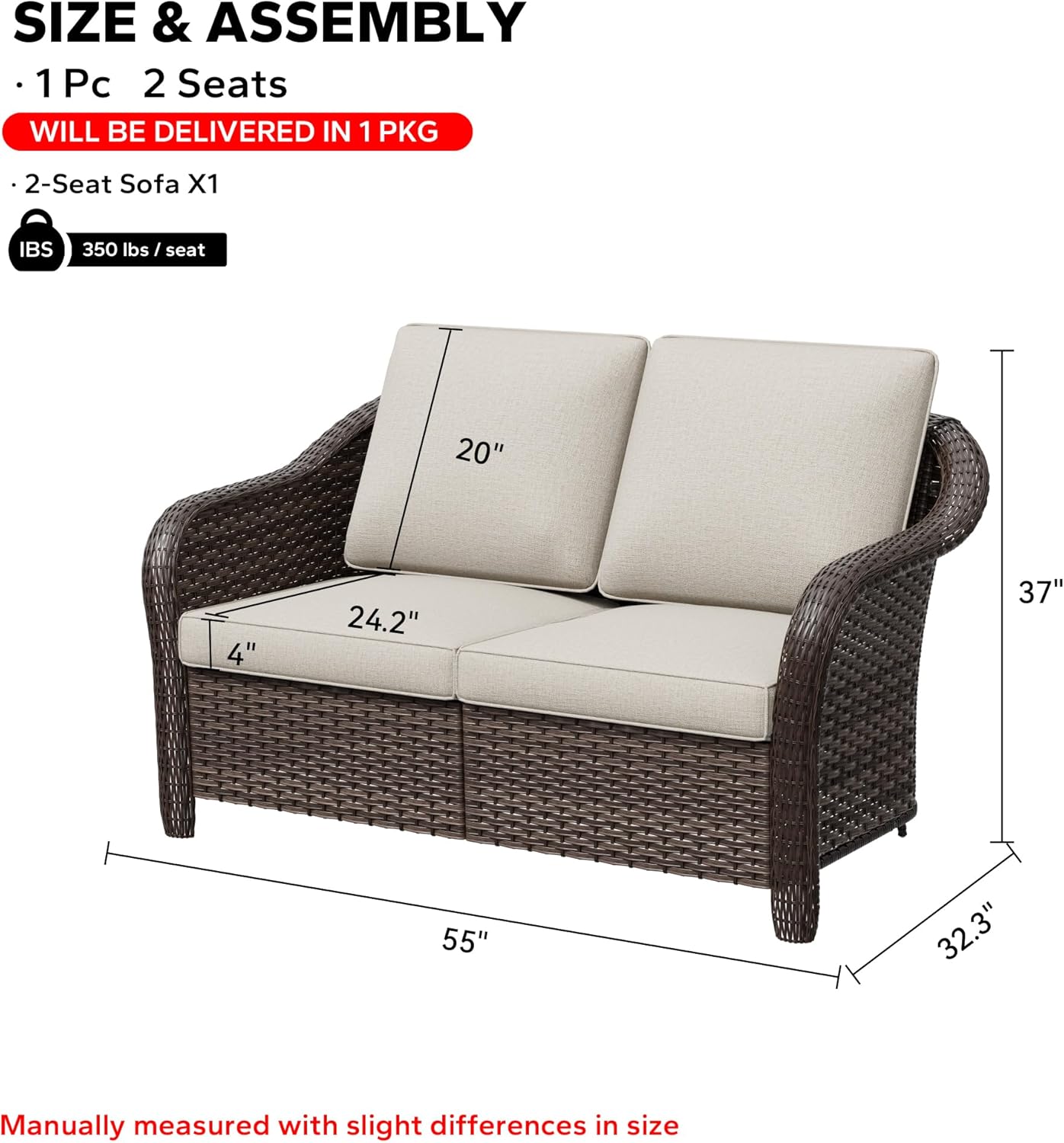 55" Outdoor Loveseat Wicker 2-seat Sofa with Removable Cushions, Conversation Patio Furniture, PE Rattan Couch, Steel Frame Couch with Cushions for Backyard, Deck (Beige)