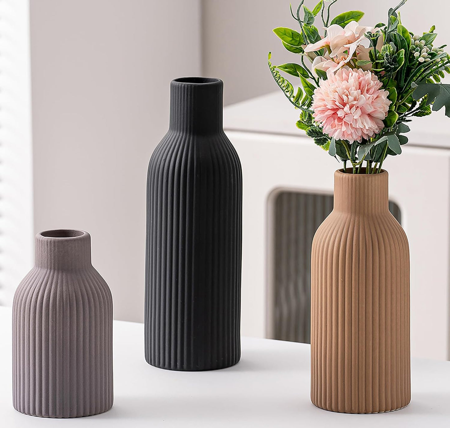 Ceramic Vase Set of 3, Flower Vases for Spring Room Decor, Kitchen Farmhouse, Modern Boho Style(Khaki/Black/Grey)