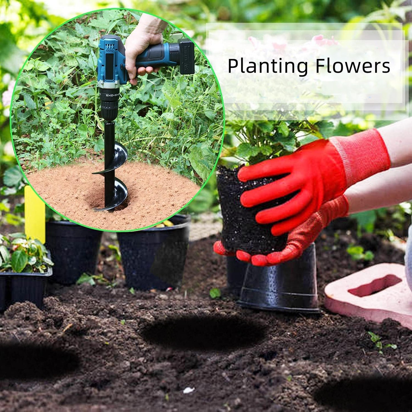 Garden Auger Drill Bit for Planting Set of 2,Soil Ground Earth Spiral Drill Bit for 3/8" Hex Drive Drill, Yard Auger for Bulbs Planting, Hole Digger Flowers,Umbrella Holes,Bedding Digging Planter