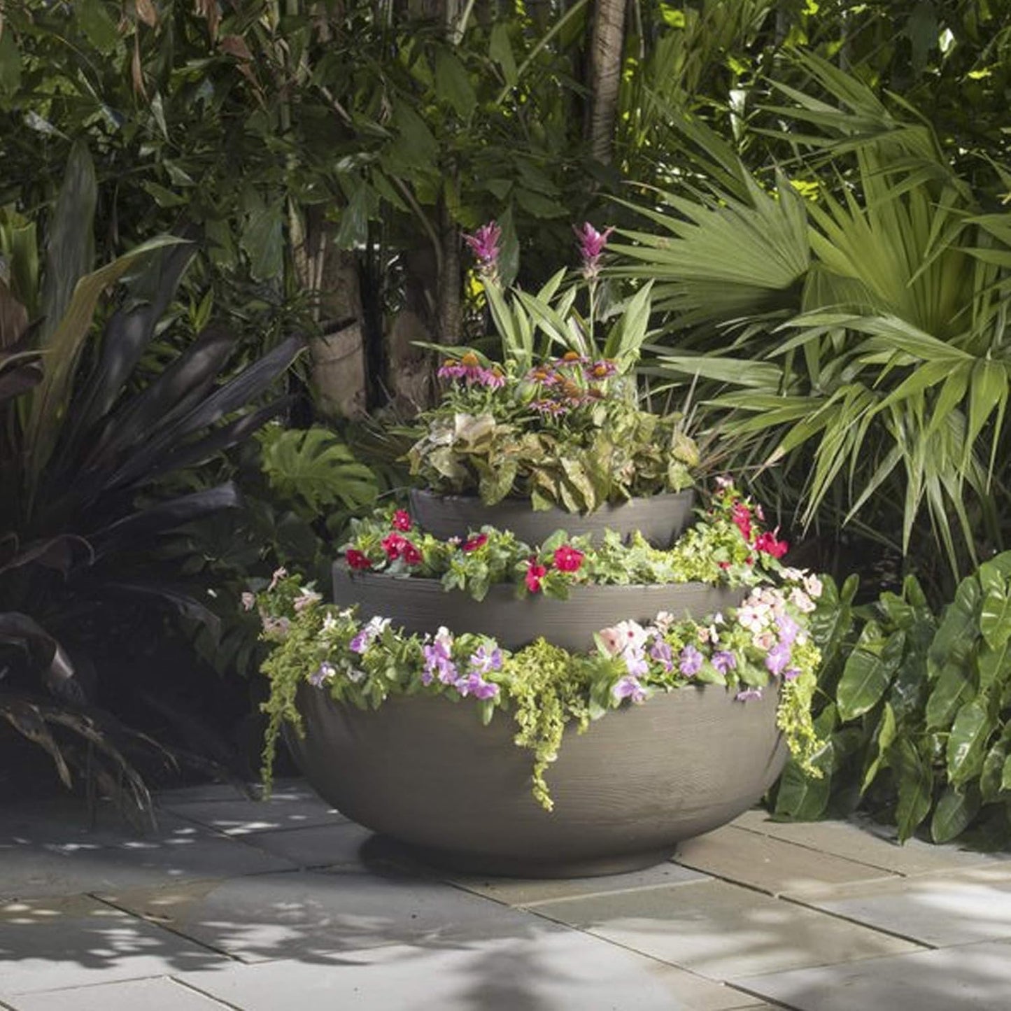 Crescent Garden Large Outdoor Planter Bowl – Double-Walled Resin Pot with Drain Hole for Water Gardens, Fountains, Decorative Landscaping - 30" W x 12" H (Weathered Concrete)