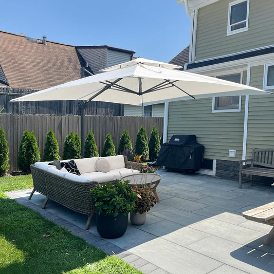 PURPLE LEAF Cantilever Umbrella 12 Feet Outdoor Square Double Top Large Offset Hanging 360° Rotation Heavy Duty Umbrella for Garden Patio Deck Pool Backyard Canvas Natural