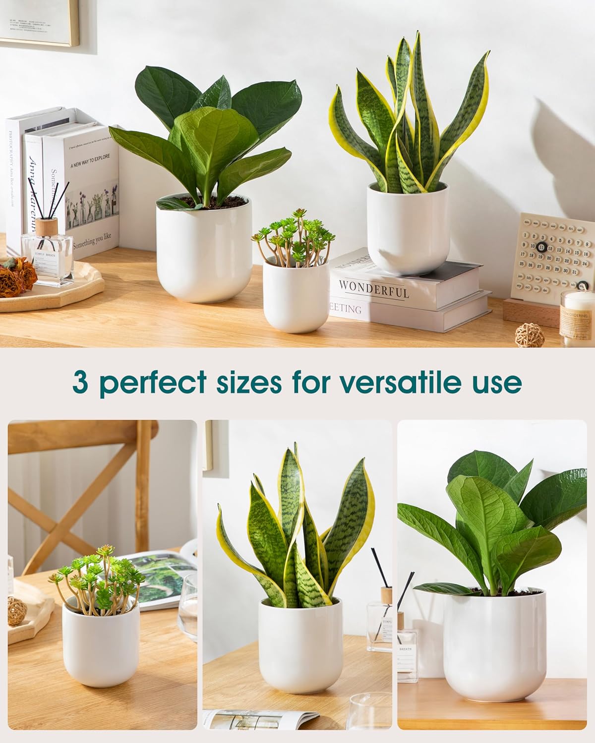 vancasso Ceramic Plant Pots, 4+5+6 inches, Set of 3, Planters with Drainage Hole, Flower Pots Planters Pots for Indoor Plants, Modern Indoor Decorative Garden Pot, Home Decor, White