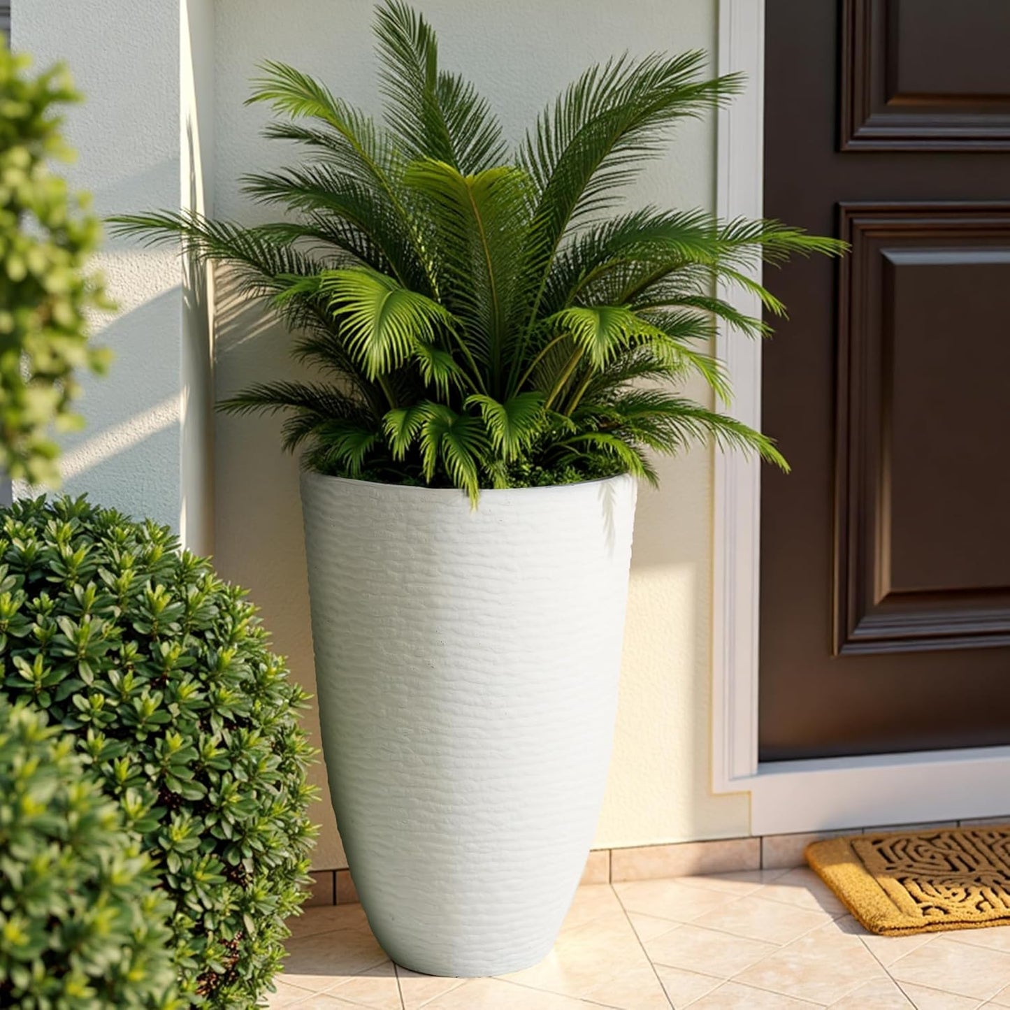 Worth Garden 2-Pack 21" H. White Tall Planters - 14'' Dia Resin Large Round Flower Pots for Outdoor Plants Trees - Imitation Stone Finish Plastic Indoor Front Porch 9 Gallon Decorative Container Patio