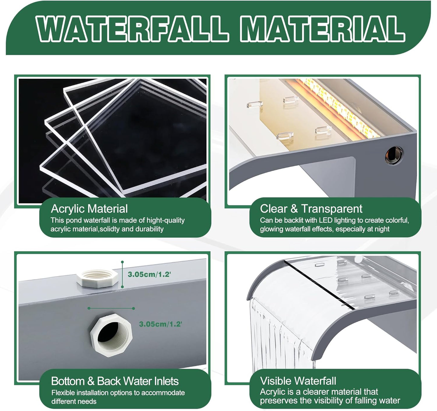 Waterfall Spillway, Clear Acrylic Pool Fountain w/Top Open Lip & Pipe Connector Kits for Outdoor/Indoor Decorative, 11.8'' Pool Water Feature for Garden Patio, Backyard Koi Pond Decor