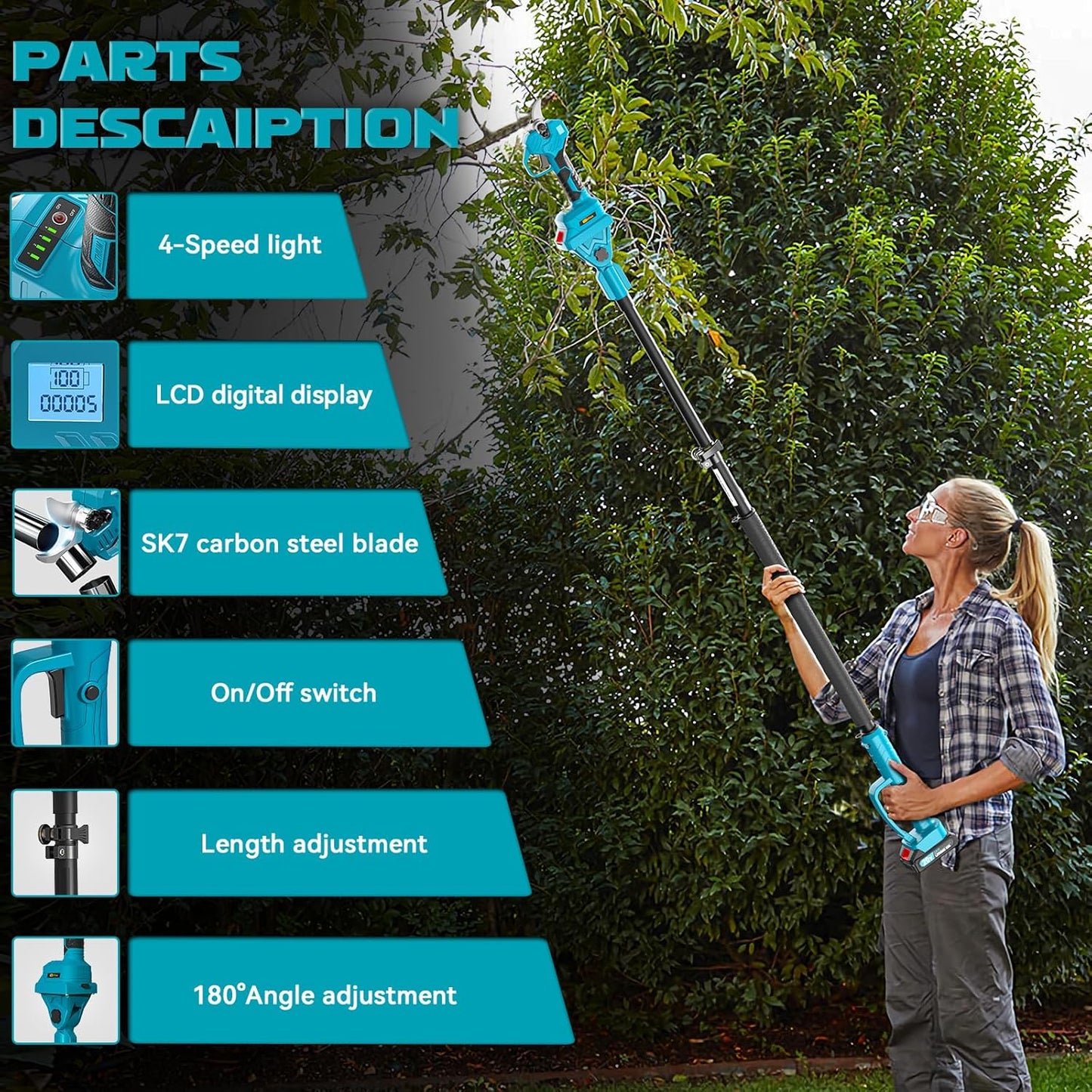 TOCiTAA Electric Pruning Shears Compatible with Makita Battery, Pruners for Gardening 1.5-2 Inch Cutting Diameter with 2 Pack 2.0Ah Batteries, Cordless 13ft. Pole Pruner with Pruning Blade