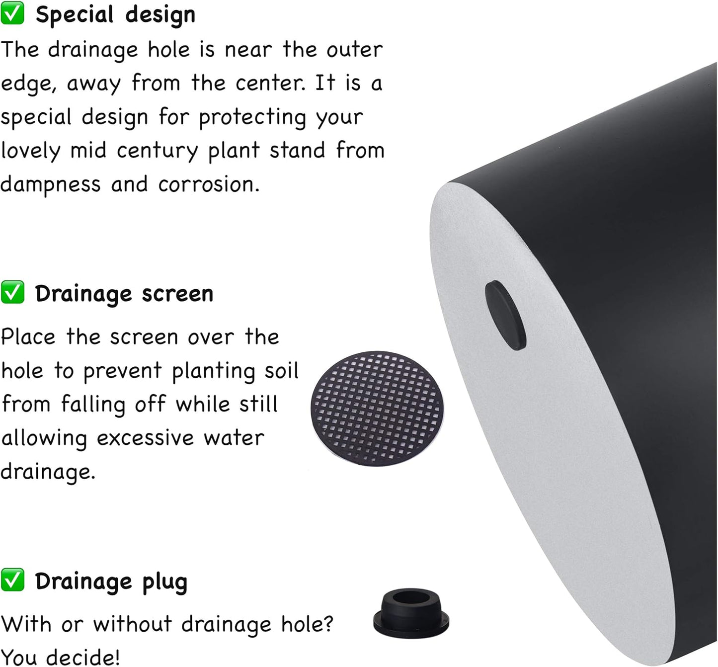 FaithLand Plant Pot 12 inch - Perfectly Fits Mid-Century Modern Plant Stand - Drainage Plug and Drainage Mesh Screen - Matte Black