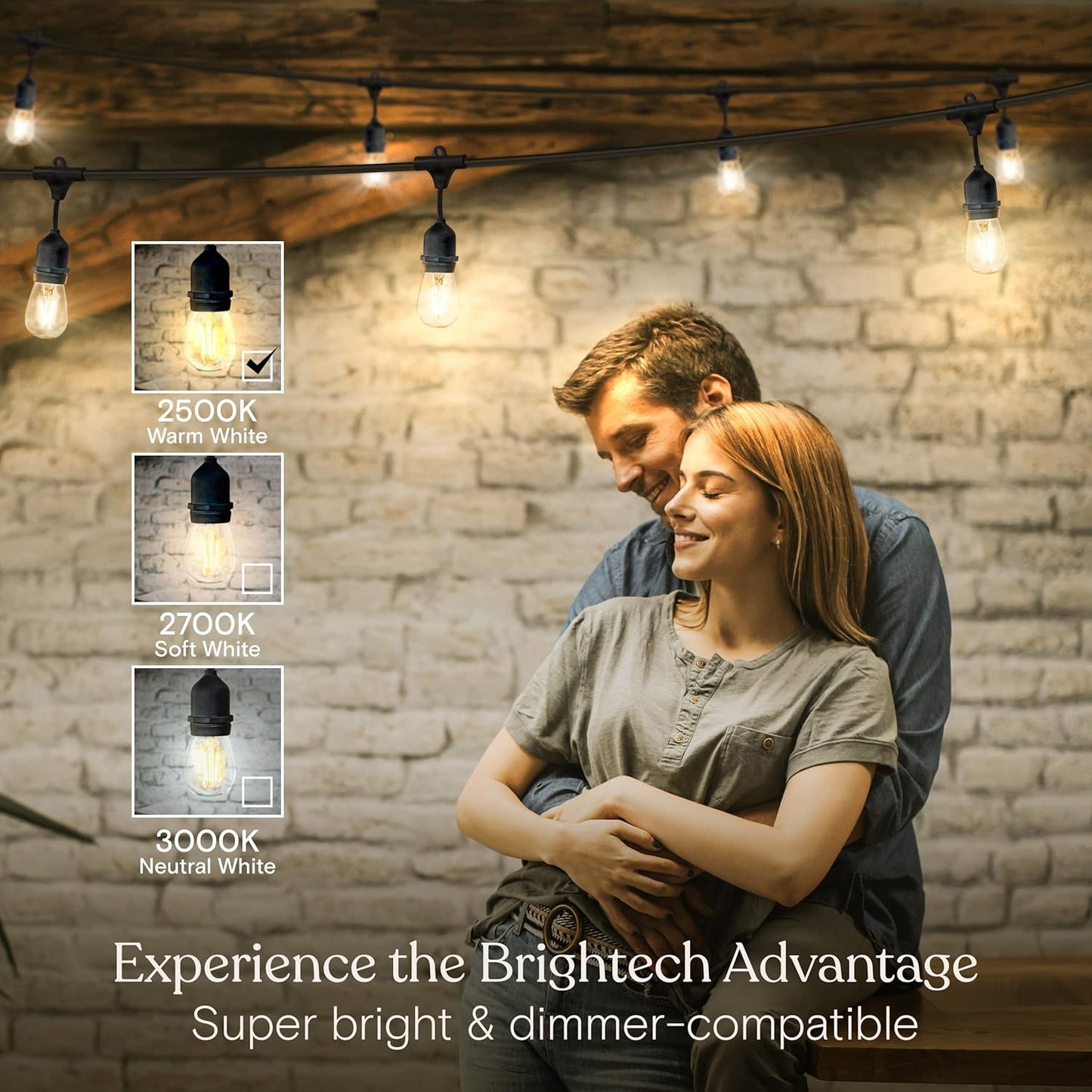Brightech Ambience Pro - Waterproof LED Outdoor String Lights - 15 Hanging, Dimmable 2W Vintage Edison Bulbs - 48 Ft Commercial Grade Patio Lights Create Cafe Ambience in Your Backyard