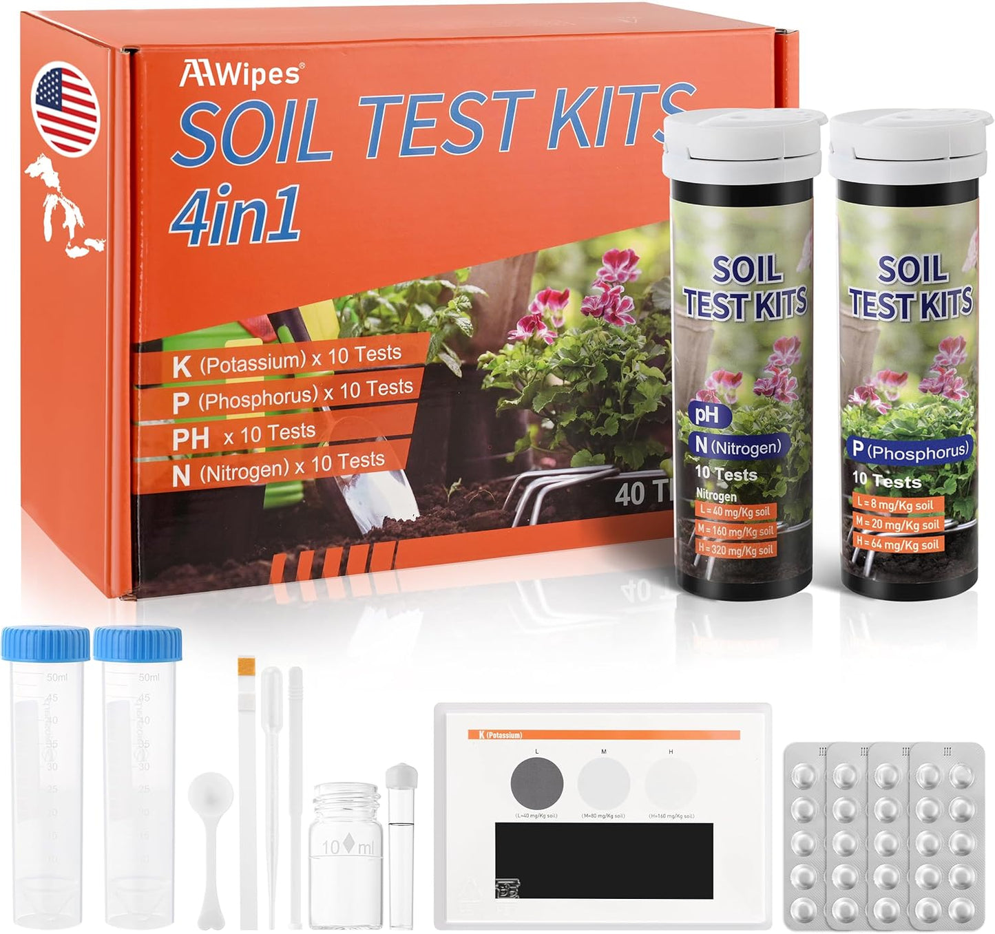 AAwipes Soil Test Kit 4-in-1 for pH, Nitrogen, Phosphorus & Potassium - 40 Soil Testing Kits Upgraded Accurate Nutrient Tester for Garden, Yard, Lawn & Plant Care with Sampling Accessories (J04-40)