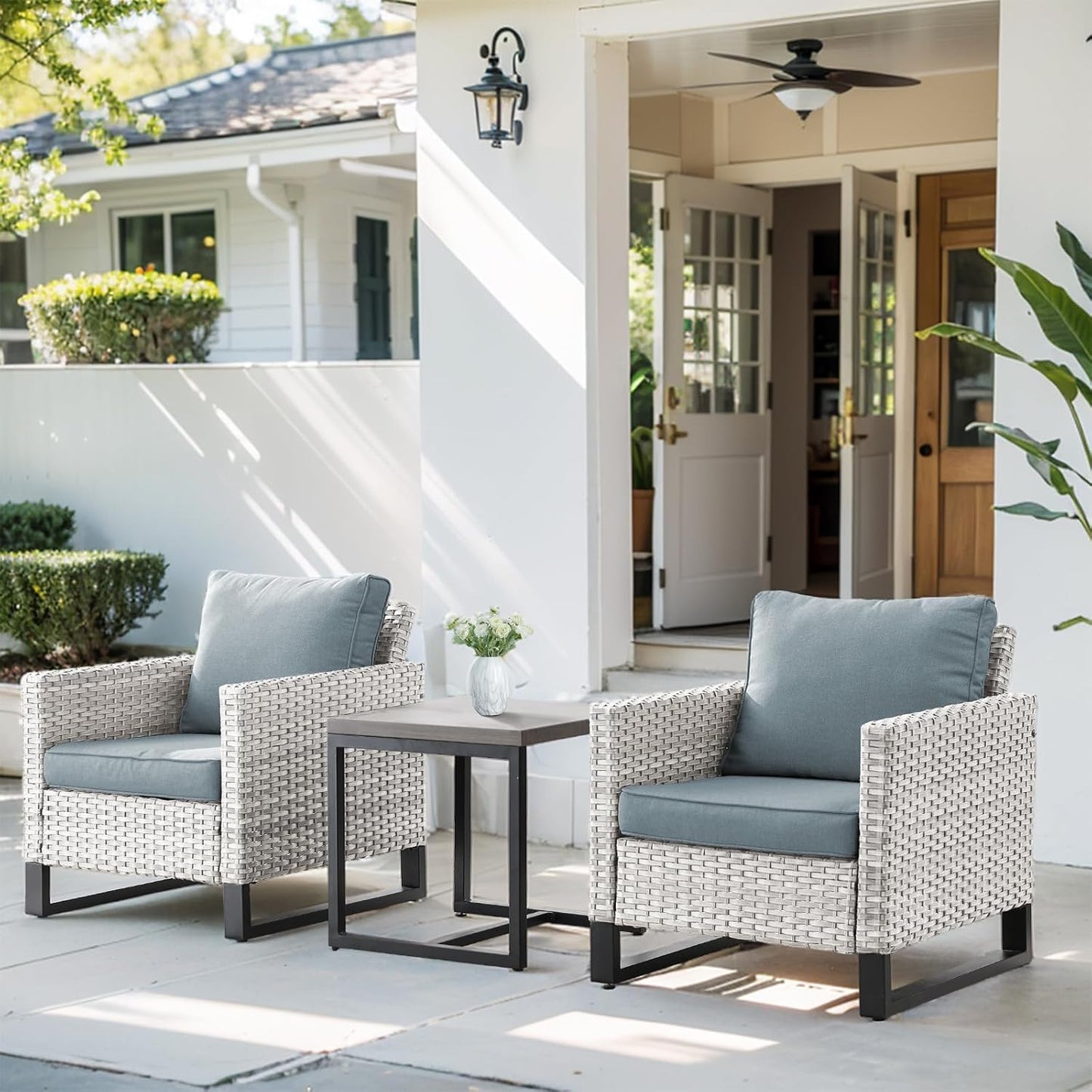 HUMMUH Outdoor Chairs PE Wicker Patio Dining Chairs Set of 2 Metal Frame Porch Chairs with 4 inch Seat Light Blue Cushions