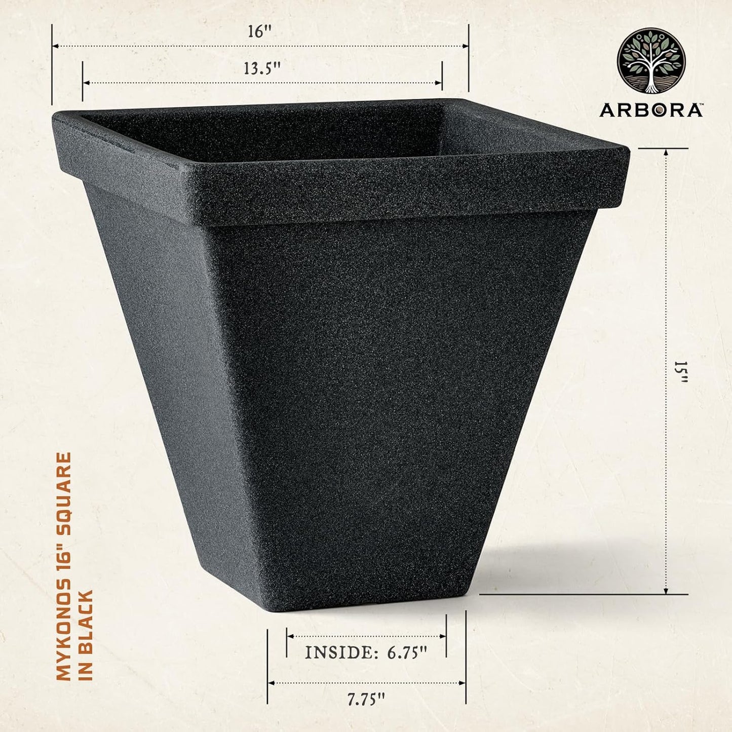 ARBORA 16" Mykonos Square Polyresin Indoor and Outdoor Planter with Classic Black Finish - Durable, Weatherproof, Lightweight, Large Plant Pot for Patio, Garden, Deck, Entryway
