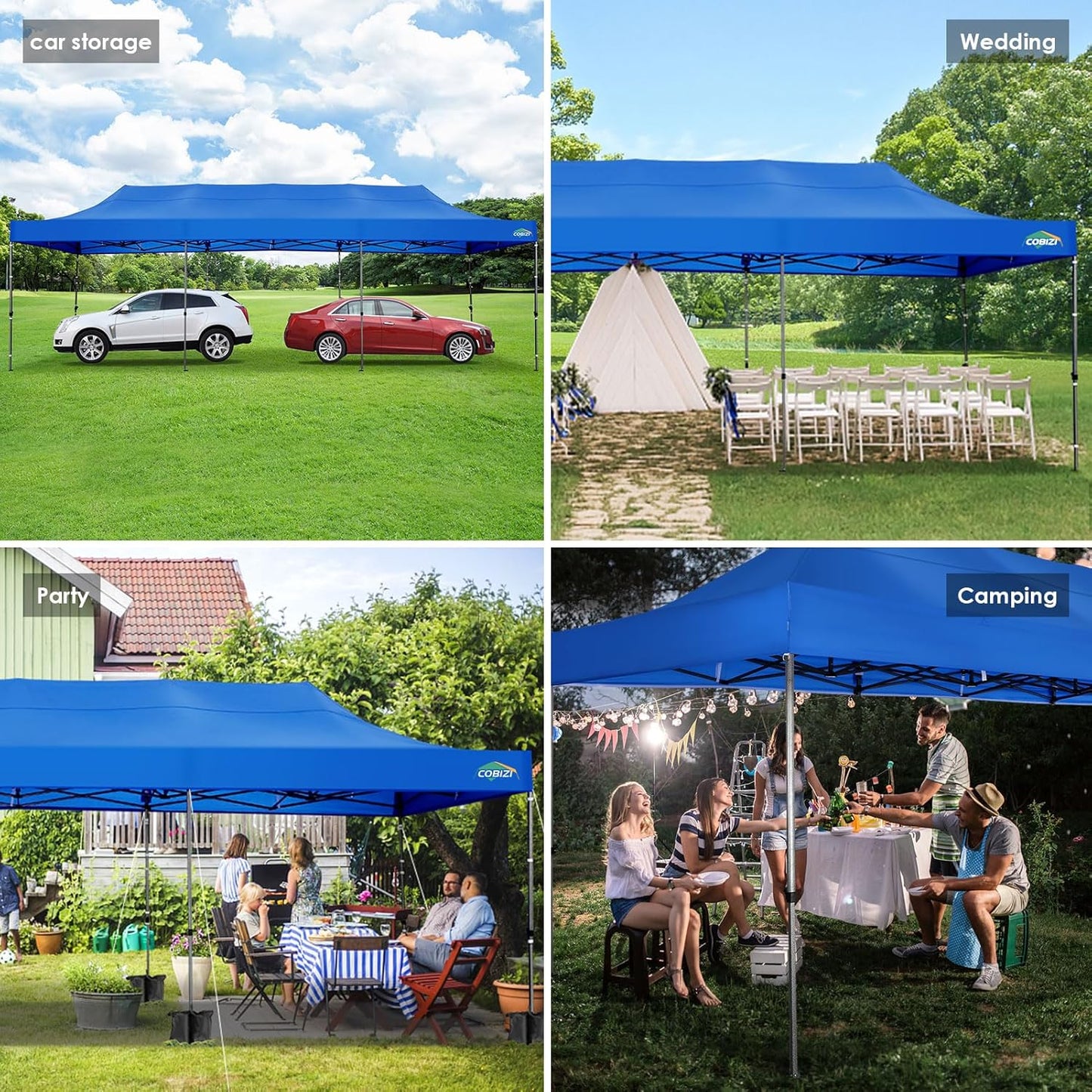 COBIZI 10x30 Pop up Canopy, Heavy Duty Outdoor Party Tents for Parties, Ez up UPF 50+ Waterproof Commercial Canopy with Wheeled Bag can fold, Blue(Windproof Upgraded)