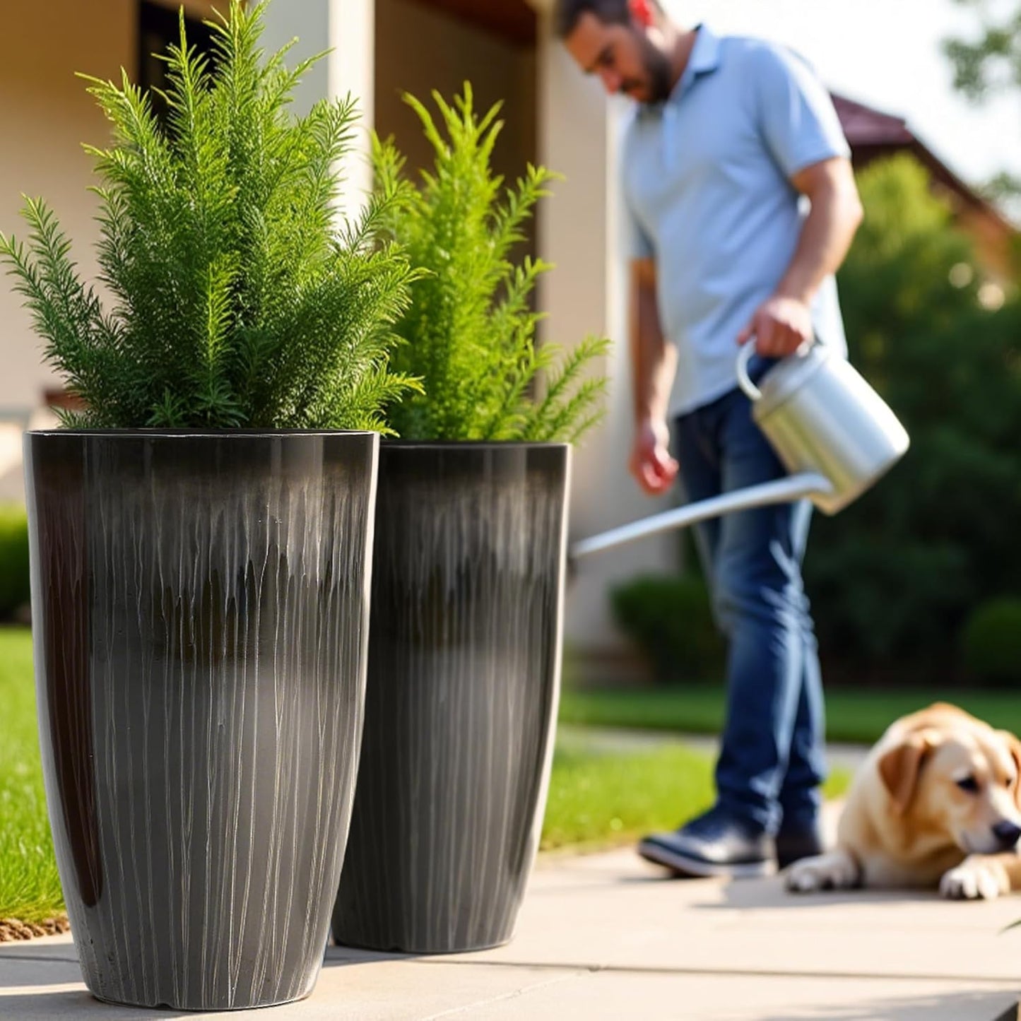 Worth Garden 23.5" H. Large Plastic Planters - Set of 2 Gradient Black Glossy Smooth Finish - Tall Plant Pots for Indoor & Outdoor Use - Decorative Lightweight Flower Pots for Front Porch, Patio, Deck