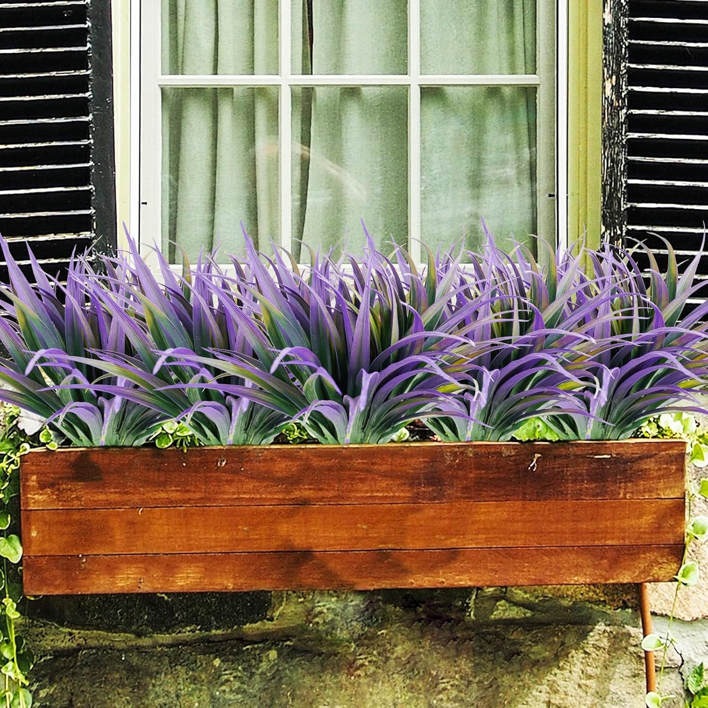 16Pcs Artificial Grass Fake Plants 17.3in Outdoor Plants UV Resistant Faux Greenery Stems Fake Grass for Home Window Garden Office Patio Pathway Front Porch Halloween Décor Green & Purple