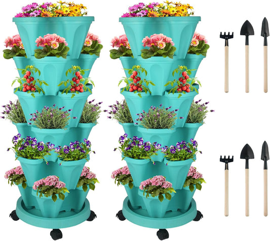 DUNCHATY Stackable Planter, Vertical Garden Planter with Wheels and Tools, Self Watering Strawberry Planter Indoor/Outdoor 6 Tier Herb Planter Pots for Growing Vegetables and Succulents, Teal