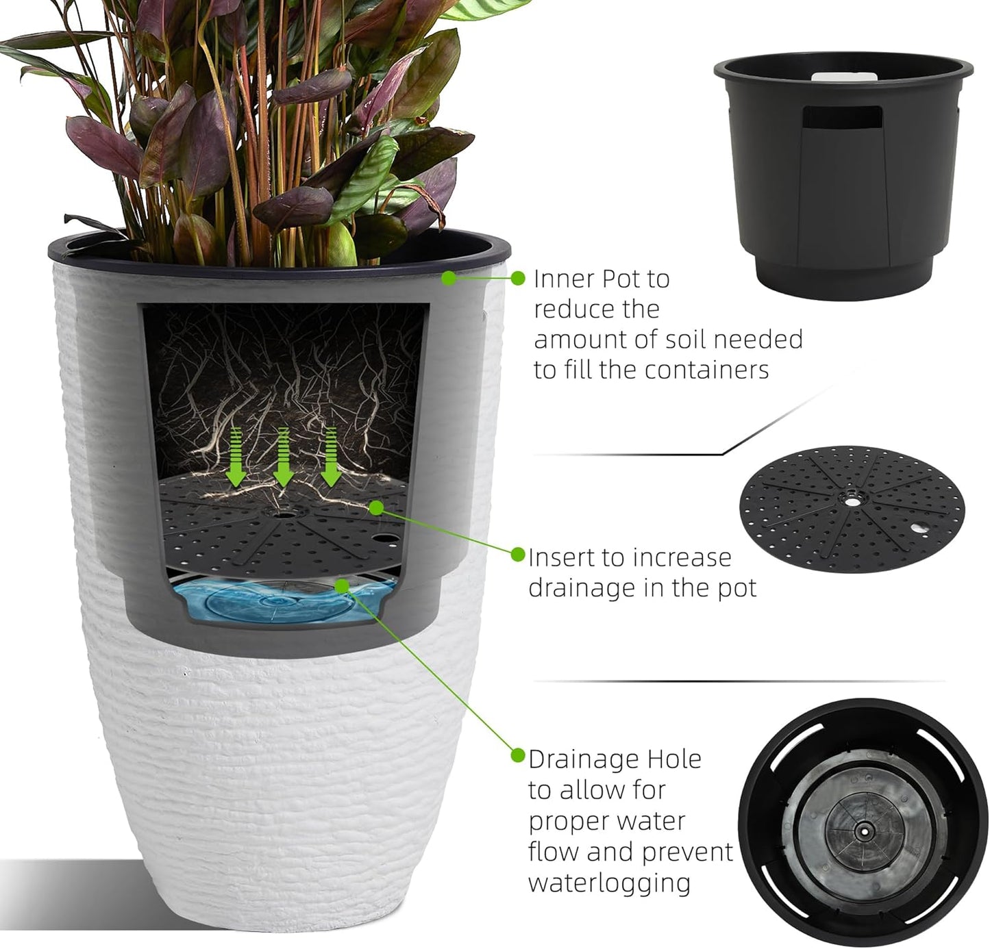 WORTH Garden 2-Pack 21" H. White Tall Planters with Inside Pots - 14'' Dia Plastic Large Round Plant Tree Pots - Decorative Imitation Stone Finish for Indoor Outdoor Front Porch Container Patio