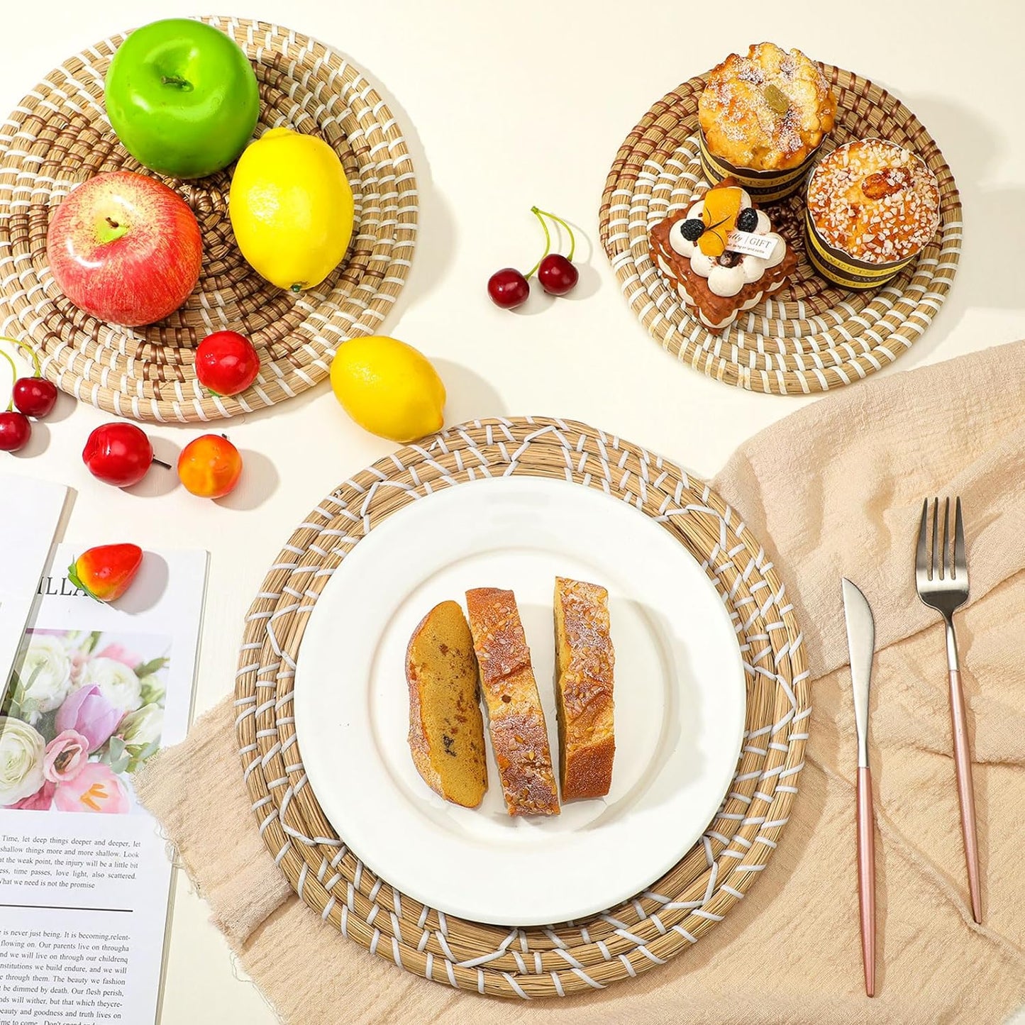 Xuhal Set of 8 Hanging Woven Wall Basket Handmade Decorative Rustic Boho Basket Decor Handcrafted Wicker Round Seagrass Wall Art for Home Kitchen Farmhouse Table Living Room(Classic)