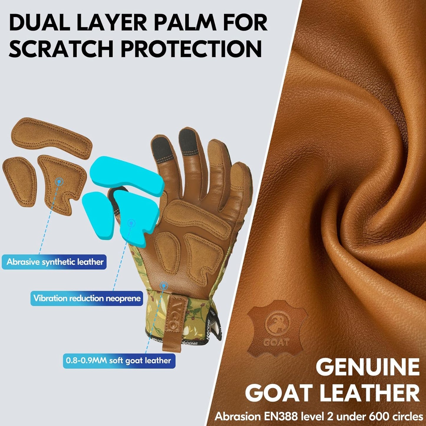 Vgo... 1Pair Gardening Gloves for Women, Goatskin leather Thorn Proof Working Gloves for Weeding, Digging, Raking, Pruning and Planting,Touchscreen (M,Light Green,GA7471)