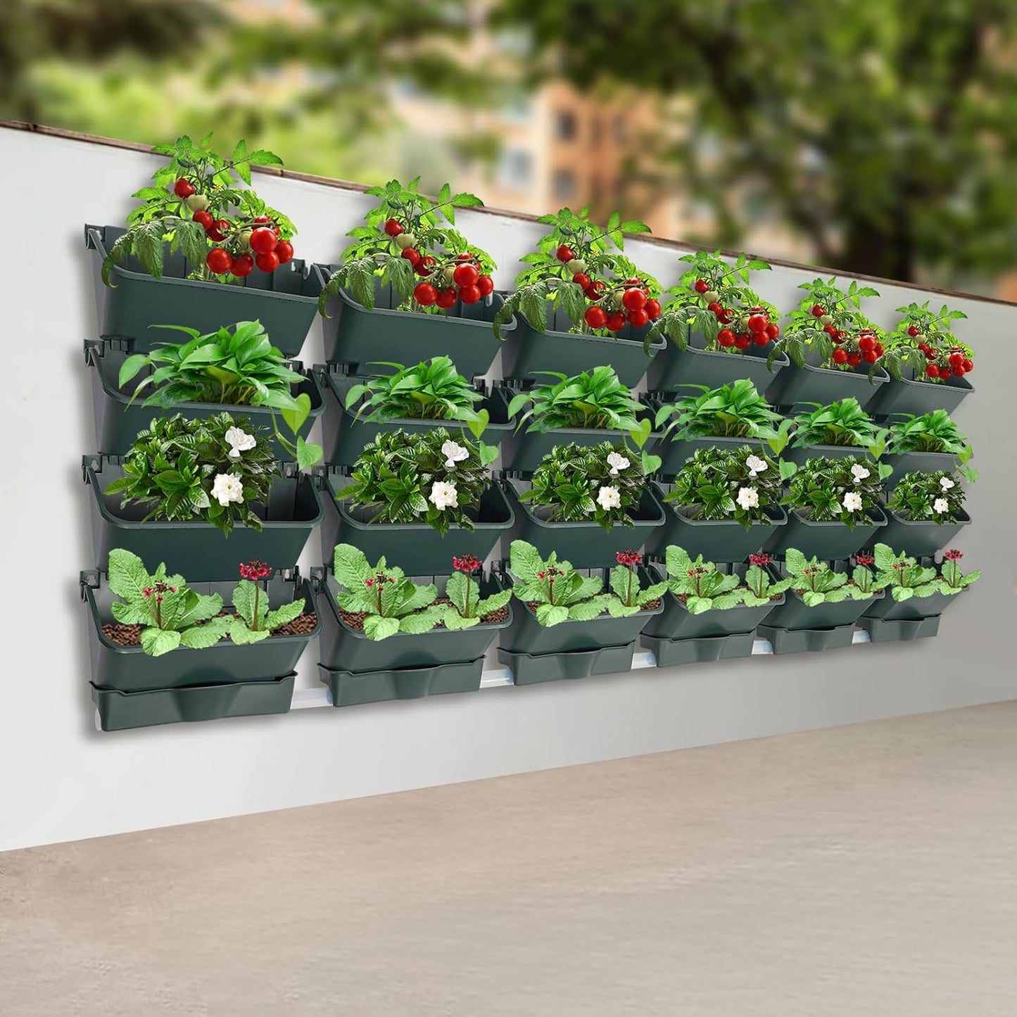 24Pack Vertical Wall Garden Planter, 13 inch Wall-mounted Garden Planters, Stackable Hanging Planter, Plastic Flower Pot with 4 Drainage Tray & 6.56FT Drainage Pipe for Indoor and Outdoor (Green)