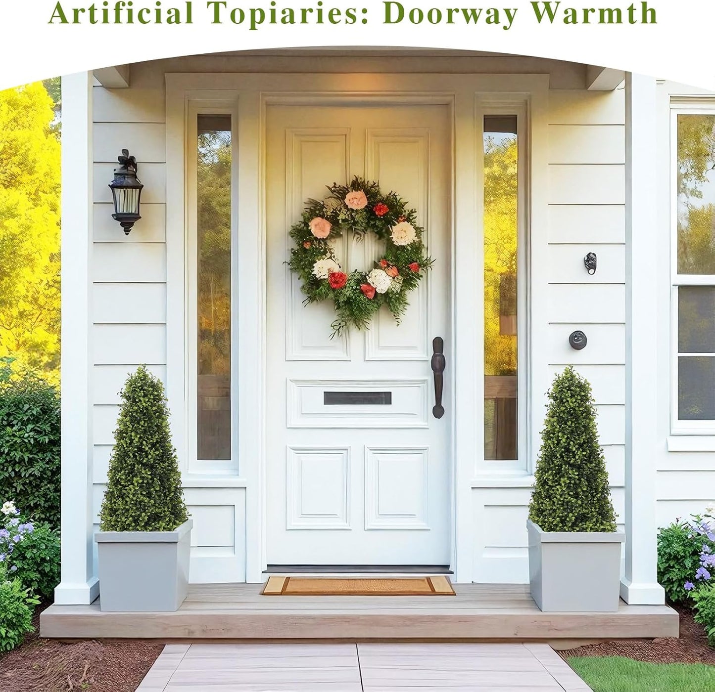 3ft Artificial Boxwood Topiary Trees (Set of 2) - UV Resistant Faux Plants Outdoor, Realistic 36in Fake Cone Bushes and Shrubs for Front Porch, Planter, Patio - Low Maintenance & Evergreen