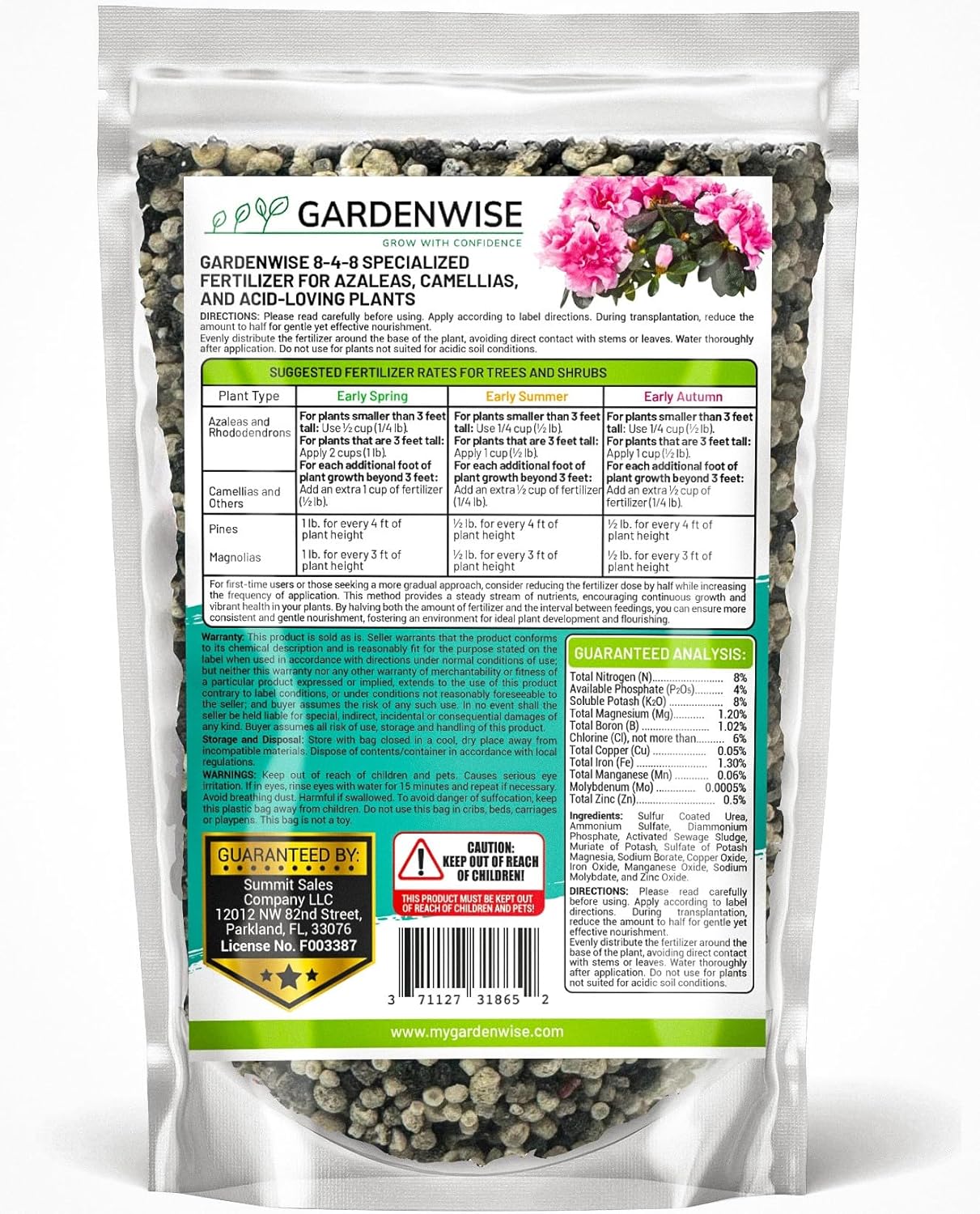 8-4-8 Acidic Fertilizer for Azaleas, Camellias (Camelia), Hydrangeas, Blueberries, Gardenias, Magnolia Trees, Evergreens, and Rhododendrons - Ideal Iron-Rich Plant Food (2 QUARTS)