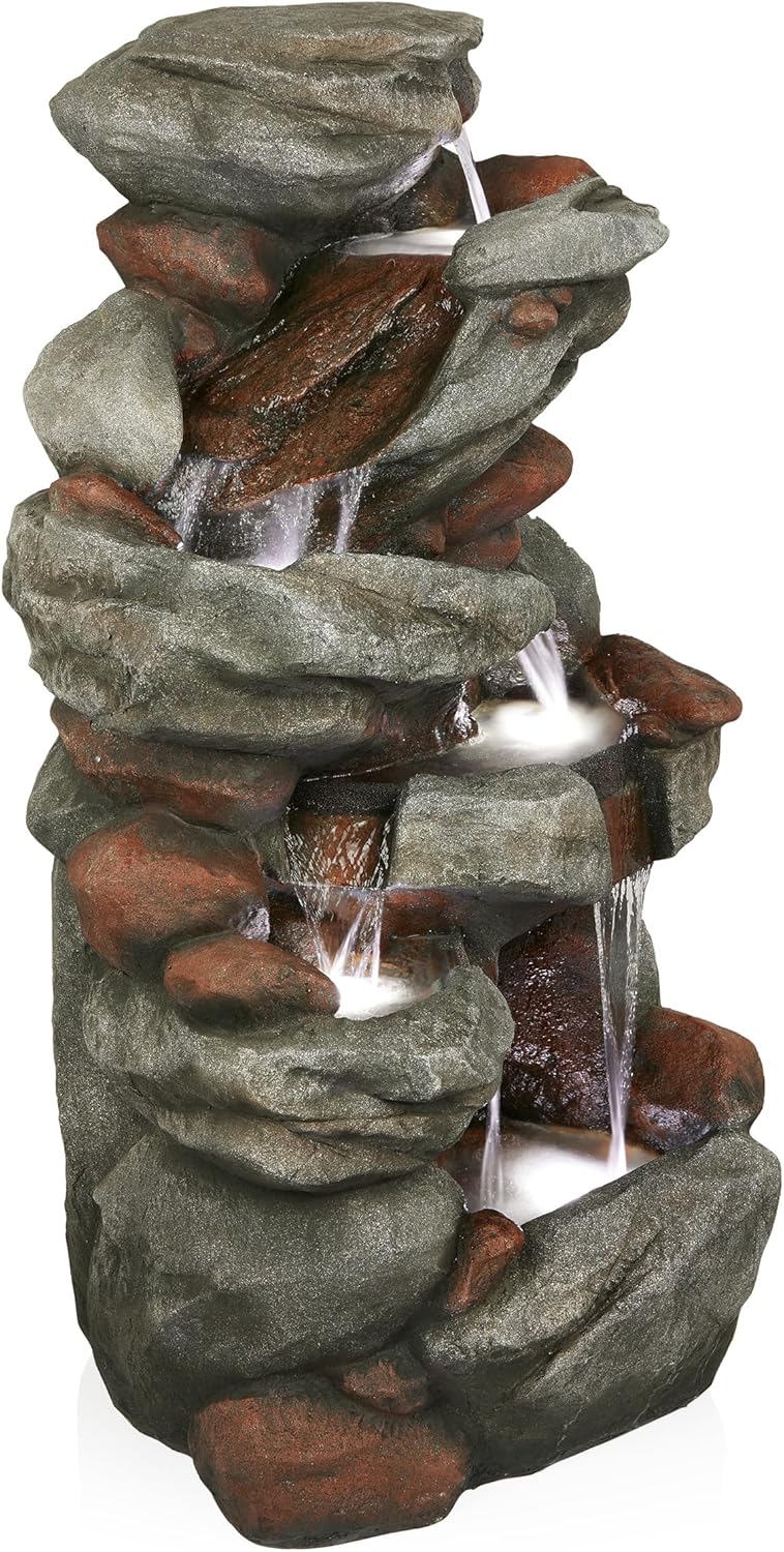 Alpine Corporation WIN1548 Outdoor Floor Cascading Stone Fountain with LED Lights, Tiered Garden Water Fountain, 53" H, Gray