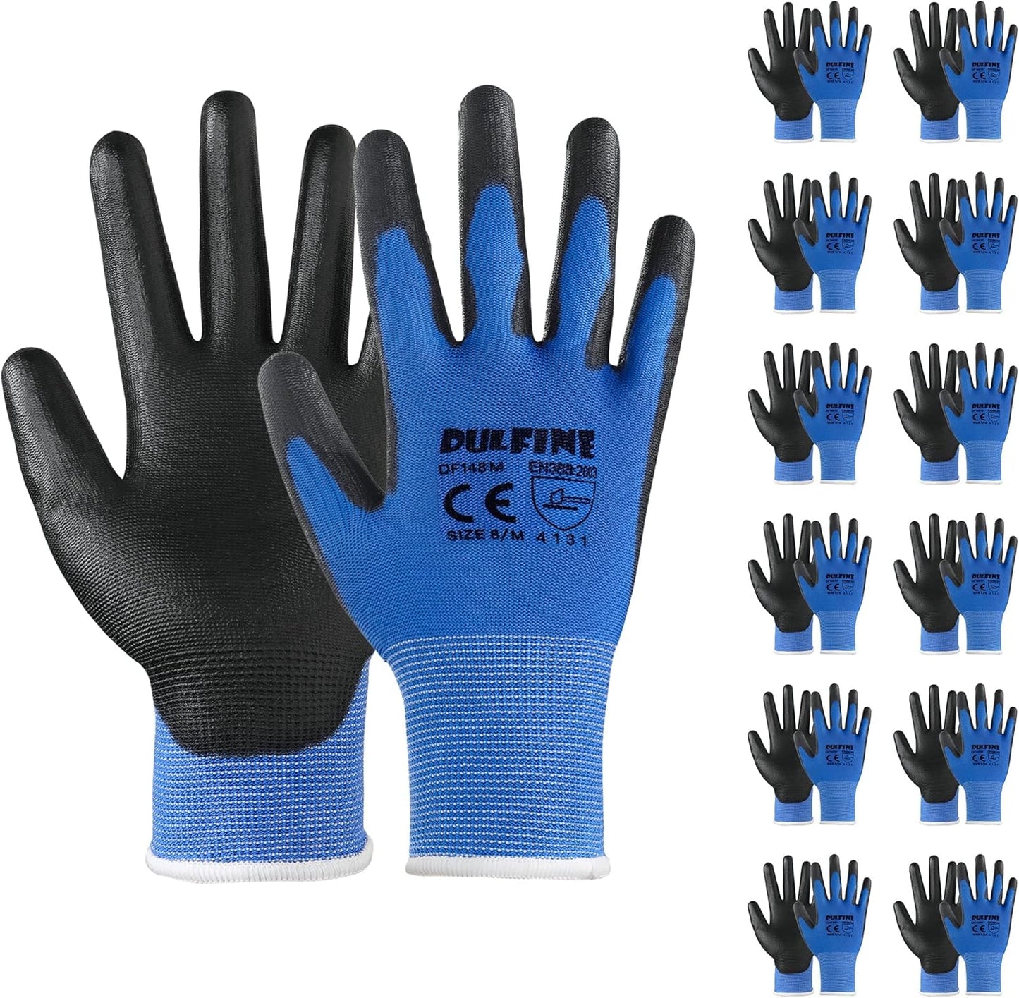 DULFINE Safety Work Gloves PU Coated-12 Pairs,Blue Seamless Knit Glove with Polyurethane Coated Smooth Grip on Palm & Fingers, for Men and Women, Ideal for General Duty Work (Large)