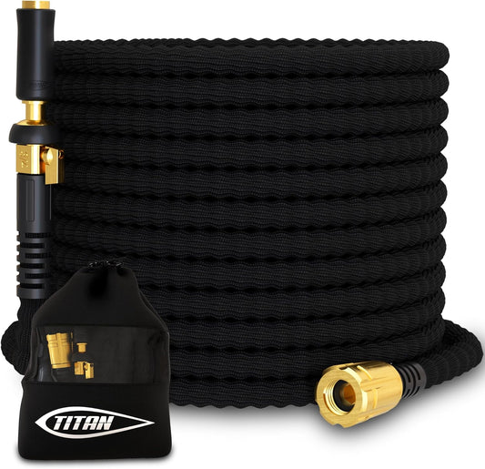 TITAN Flexible Garden Hose 10FT – Ultra Lightweight, Heavy Duty Water Hose with Brass Fittings & Jet Nozzle – Kink-Free, Non-Expanding, Durable Fabric Hose for Yard, Lawn, Car Wash, Outdoor Use
