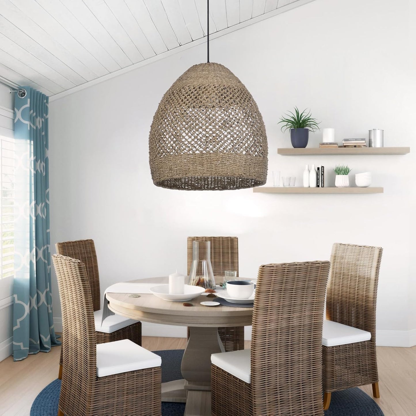 Arturesthome Boho Chandelier, Rustic Rattan Basket Woven Pendant Light Coastal Light Fixture, Farmhouse Wicker Hanging Lighting for Dining Table Kitchen Island Bedroom D17.7in