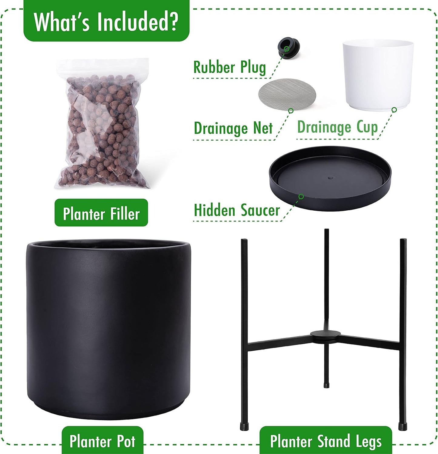 D'vine Dev Mid Century Plants Pot Cylinder Planter with Heavy Duty Stand, XX-Large 16 Inch Pot, 22.8 Inch with Stand Height, Black, 96-T-B-5