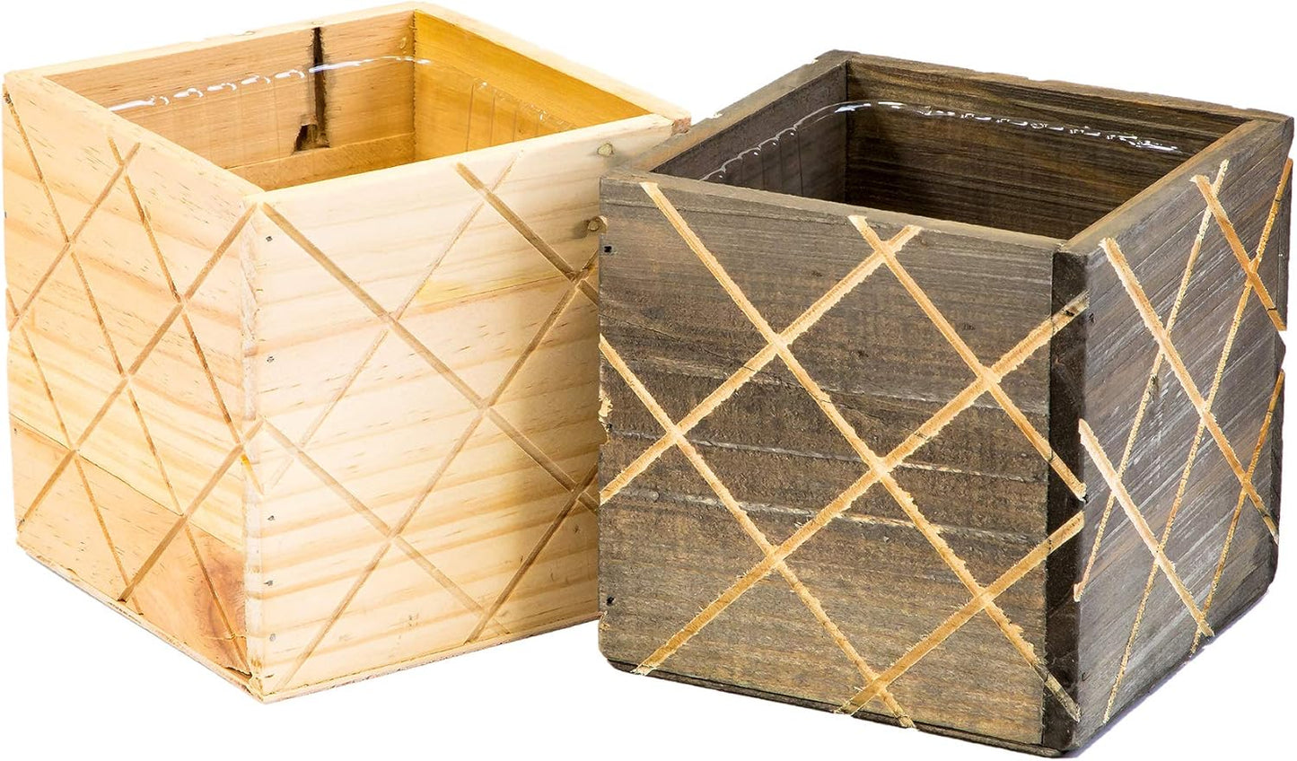 Wood Planter Box with Diamond Cross Hatch Style, 5 Inch Square, Rose Wood, Plastic Liner, Wedding Flowers Holder, Home and Venue Decor (5x5 Diamond Cross Hatch Set of 4, Rose Wood)