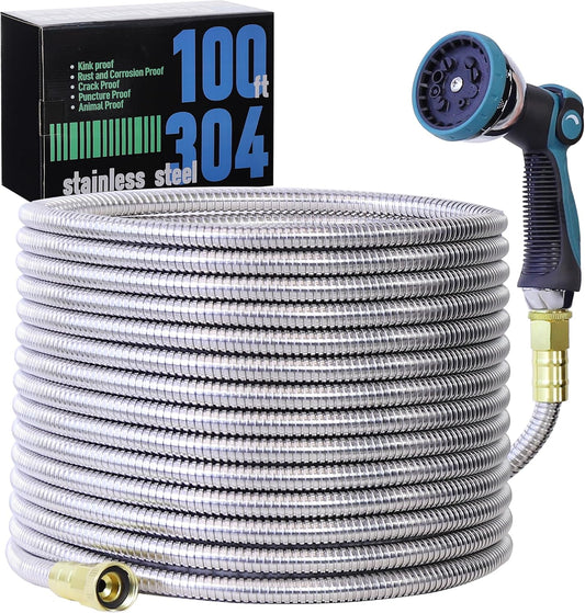 100FT 5/8'' Garden Hose, 304 Stainless Steel Water Hose, Flexible with a 10-Mode Nozzle Sprayer, No Kink, Lightweight, Puncture Proof Metal Hose, Ideal for Yard, Lawn, Outdoor