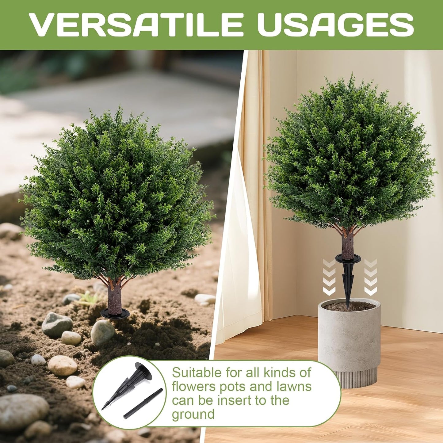 Artificial Cedar Topiary Ball Tree 23" with Ground Spike, Set of 2 Artificial Boxwood Bushes for Faux Shrubs, Fake Evergreen Faux Plant for Indoor Outdoor Porch Garden- UV Resistant – Fade-Proof