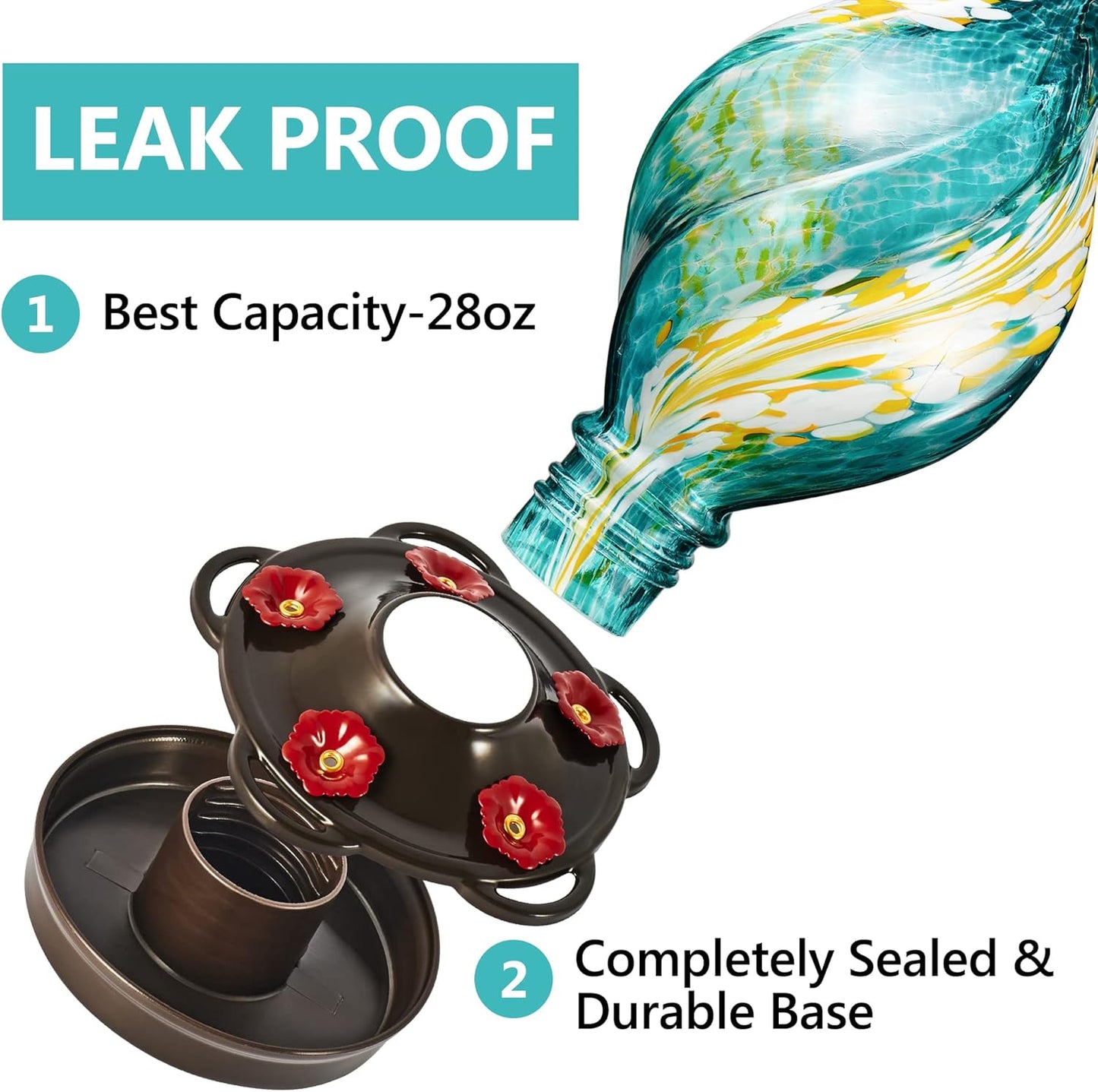 LUJII Ice Cream Shaped Spiral Hummingbird Feeder for Outdoors Hanging, Hand Blown Glass, 28 fl.oz, Leak Proof & Rustproof, Includes an Ant Moat with Hook, Unique & Stylish Glass Art & Decor (Teal)