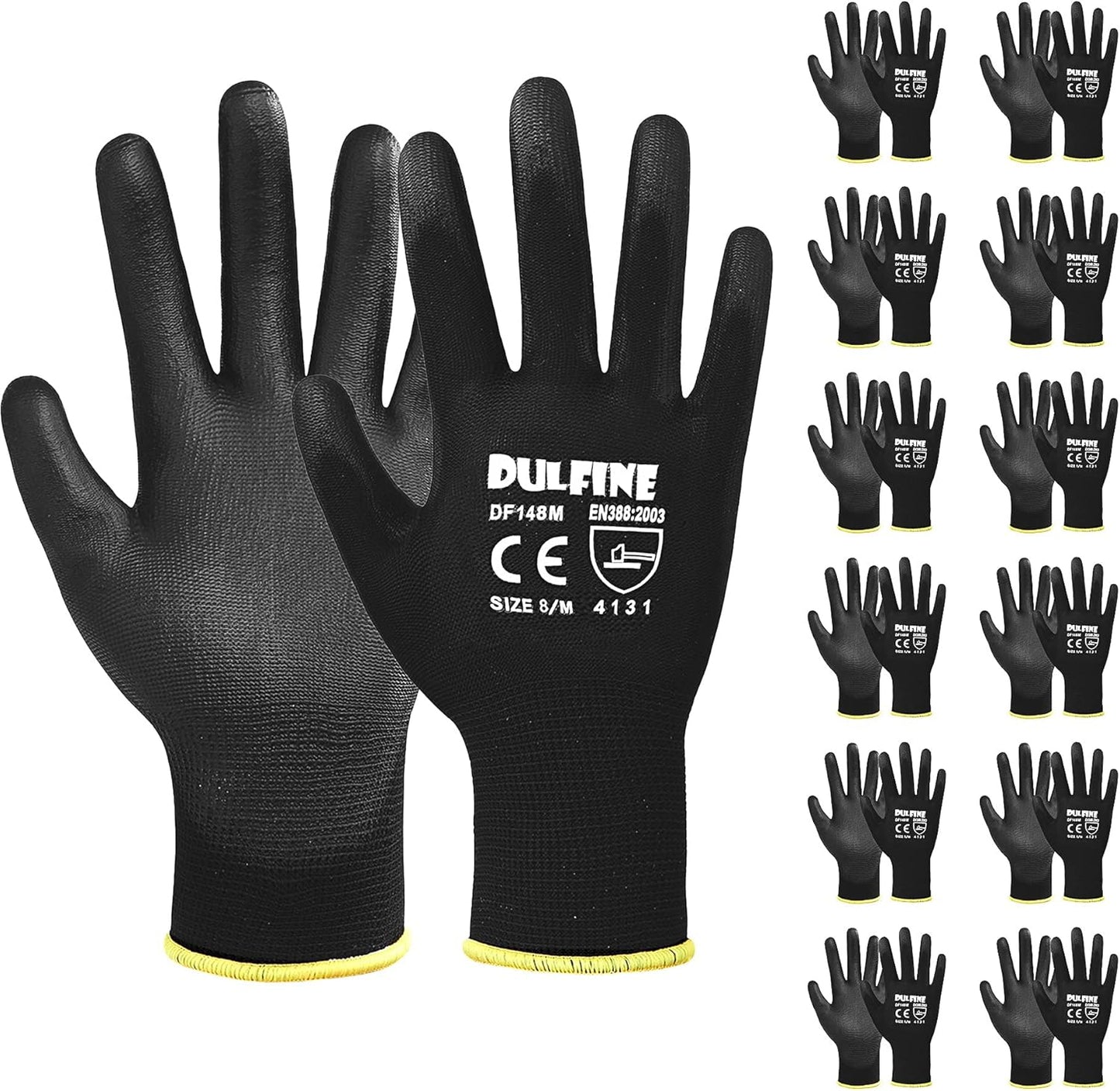 DULFINE Ultra-Thin PU Coated Work Gloves-12 Pairs,Excellent Grip,Nylon Shell Black Polyurethane Coated Safety Work Gloves, Knit Wrist Cuff,Ideal for Light Duty Work. (Large)