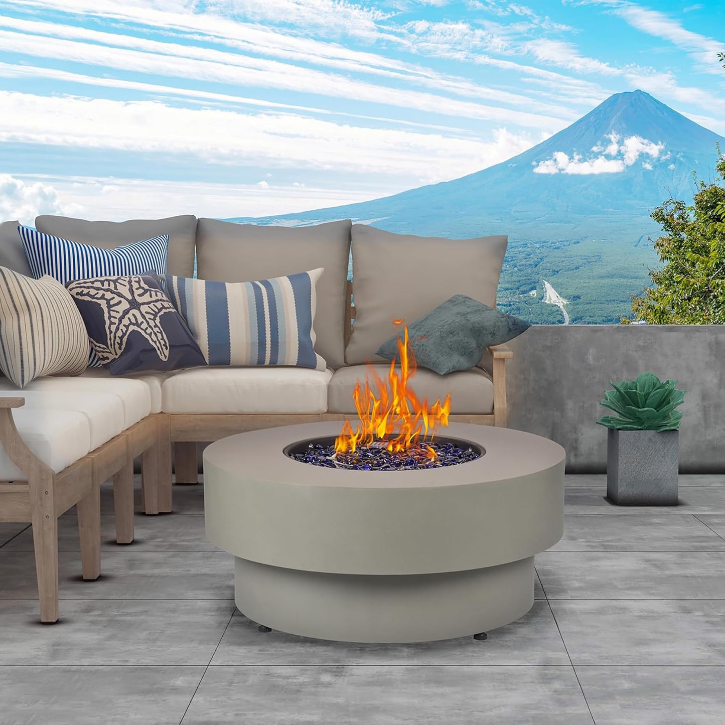 32.5-inch Outdoor Gas Fire Pit Table with Natural Gas Conversion Kit, 50,000BTU Propane Gas Fire Pits for Outside Patio w/Round Burner Lid, Glass Rocks, Cover