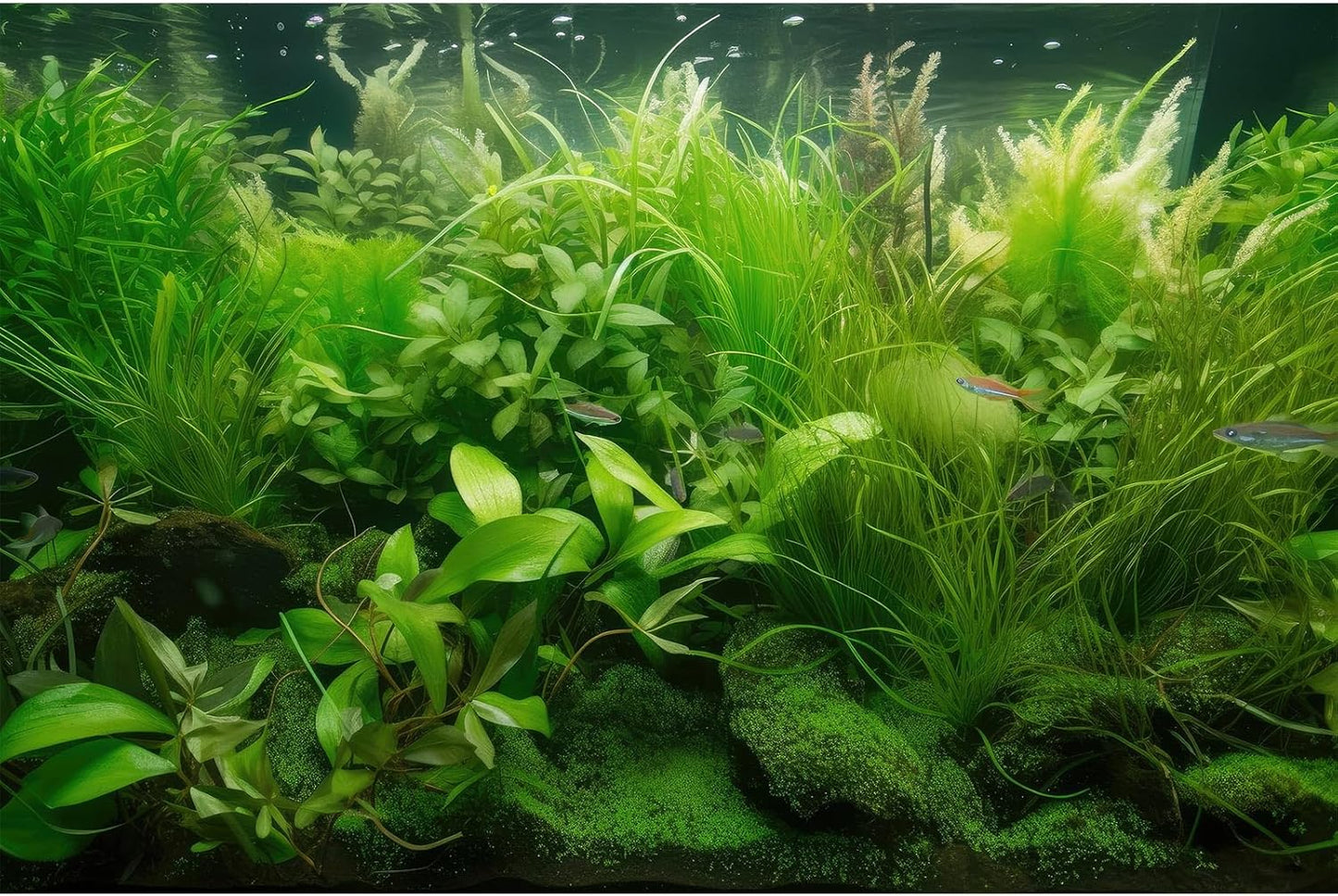 Aquarium Background Diverse Collection of Aquatic Plants Seagrasses Terrarium Background Redwood Root Moss Tropical Style Underwater Lush Green Plants Fish Tank Background Wallpaper Poster 60x24in