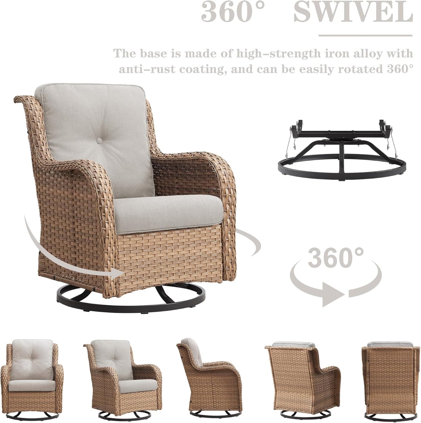 Outdoor Swivel Rocker Patio Chairs - 360 Degree Swivel Glider Seating 350LBS Weight Capacity Wicker Rocking Chairs Set of 2 with Removable Cushion for Porch Balcony Deck, Yellow/Beige