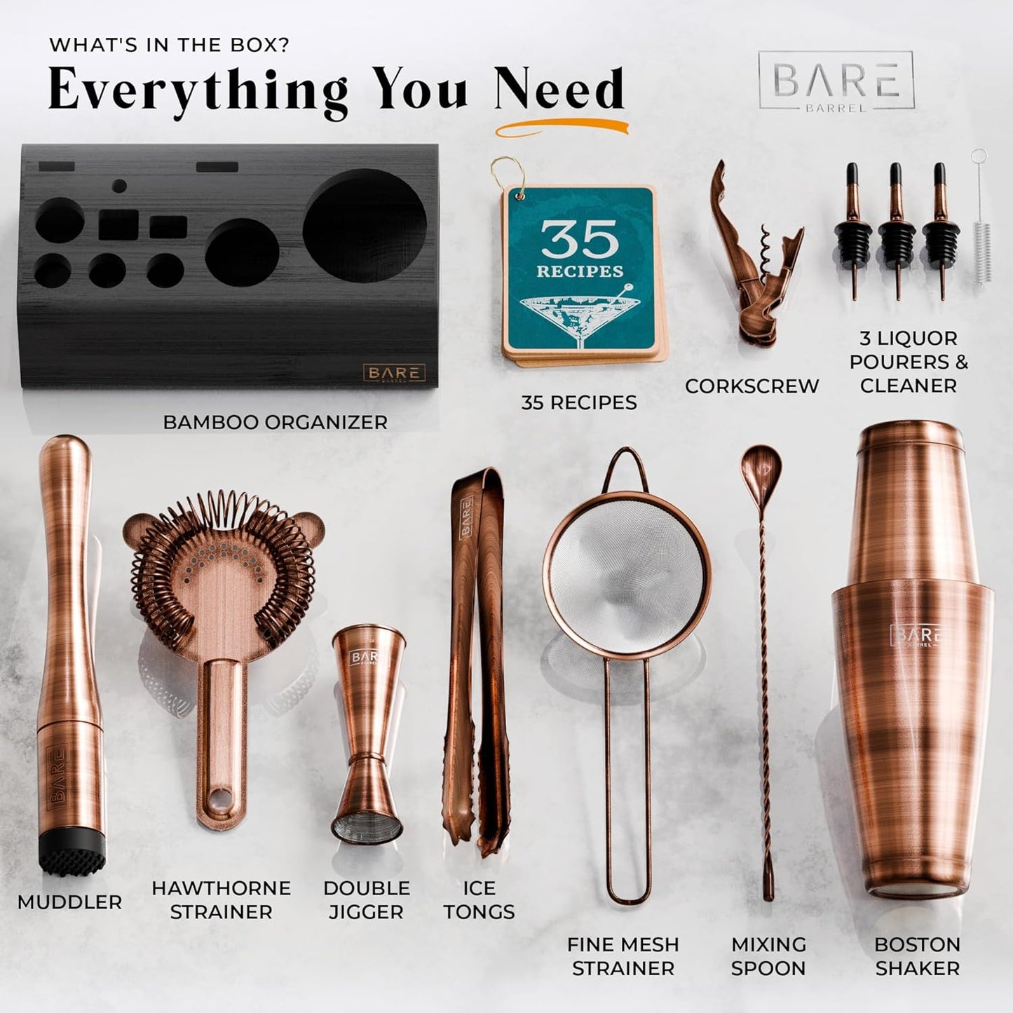 BARE BARREL® Mixology Bartender Kit Bar Set | 14-Piece Cocktail Shaker Set | Martini Barware Mixing Tools for Home Bartending | Incl. 35 Recipe Cards | Gift Set (28oz Boston Shaker, Copper/Black)