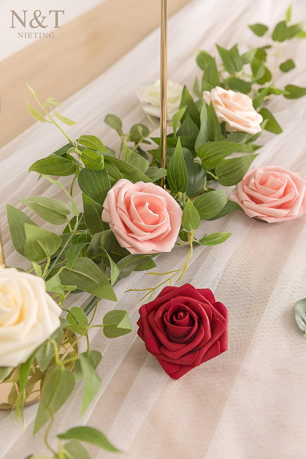 N&T NIETING Artificial Flowers 50pcs Real Touch Faux Flowers Bulk with Stems for DIY Wedding Bouquets Bridal Shower Centerpieces Floral Arrangements Party Valentine's Day Home Decorations(Series Red)