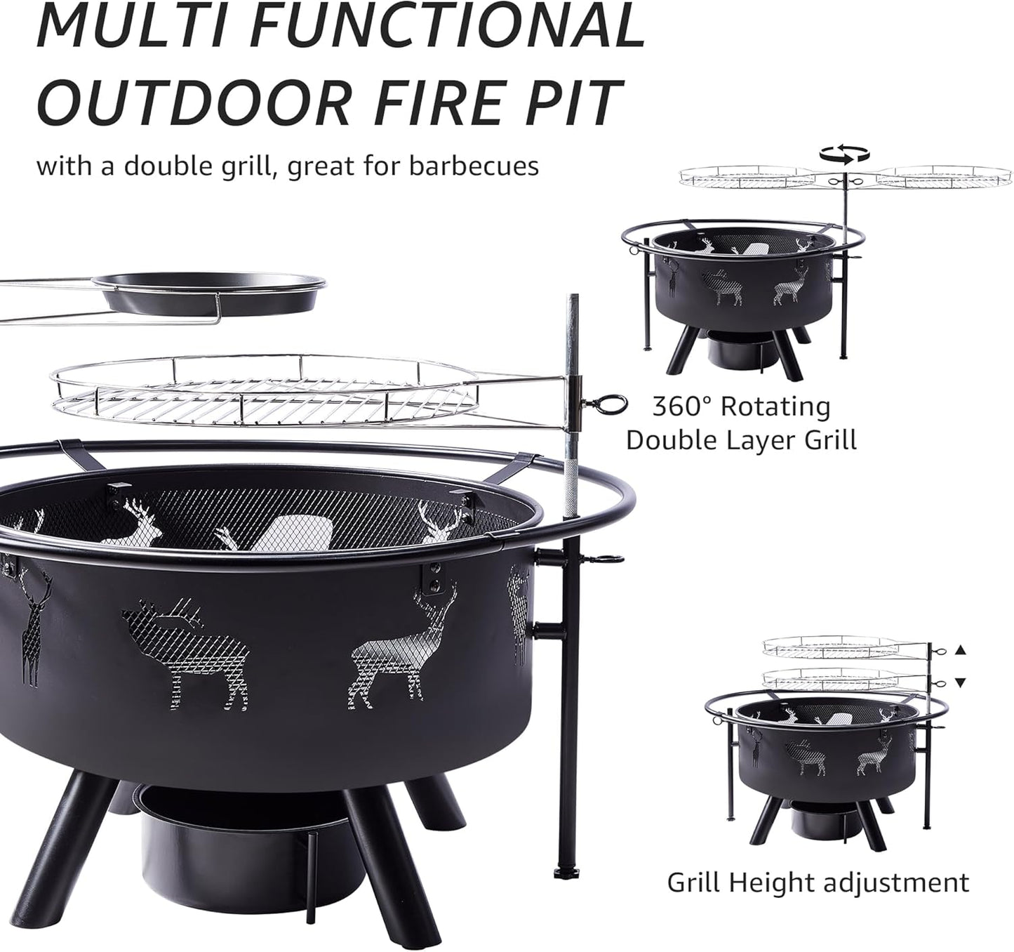 NATURAL EXPRESSIONS 32 Inch Large Fire Pit with 2 Grills, Outdoor Wood Burning Fire Pit with Cooking Grate, Lid, Poker and Round Waterproof Cover for Patio, Ourside, Bonfires, Picnic, Party.
