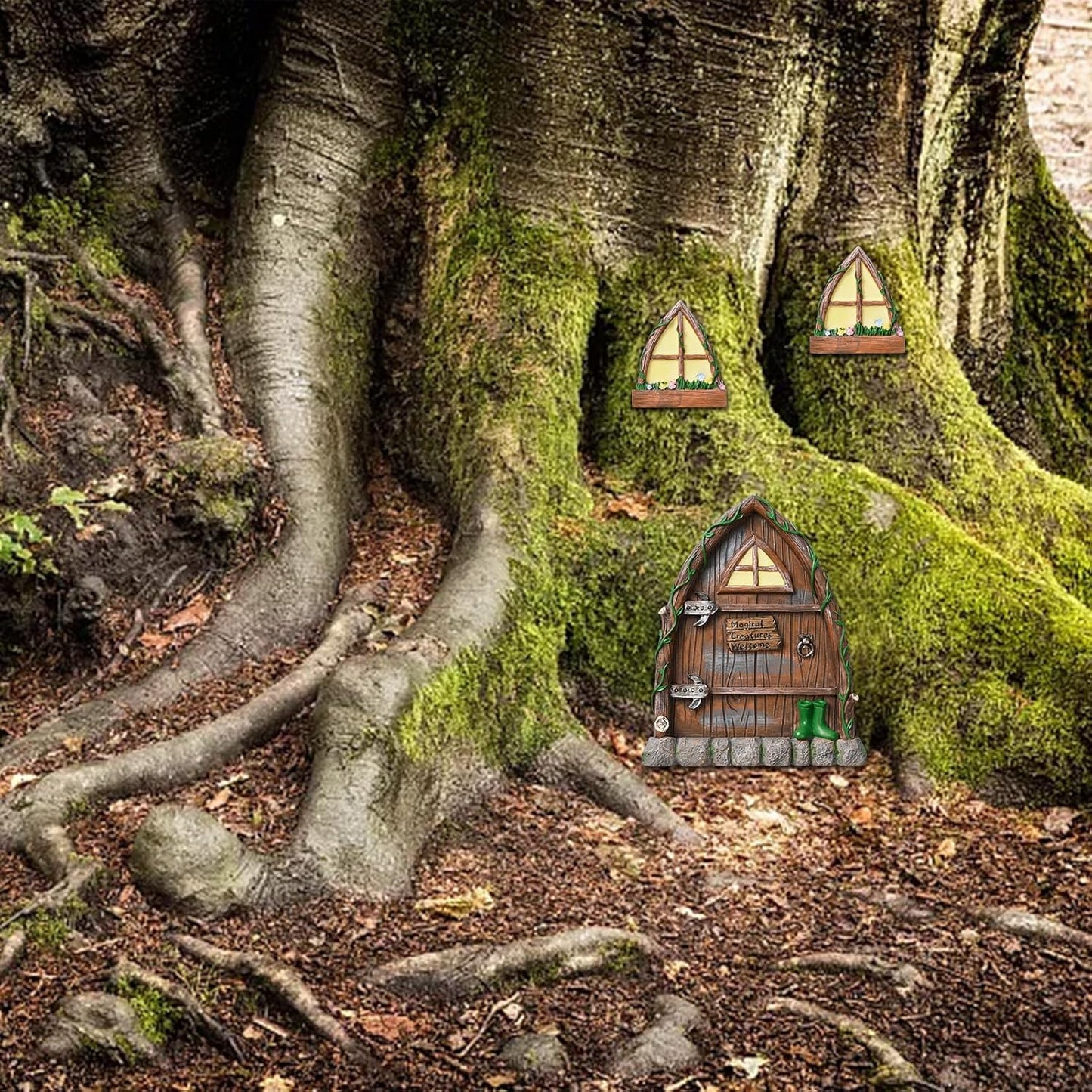 Resin Fairy Door and Window for Trees,Glow in The Dark,Miniature Fairy Garden Accessories,Garden Outdoor Decor for Trees,Gnomes House，Elf House